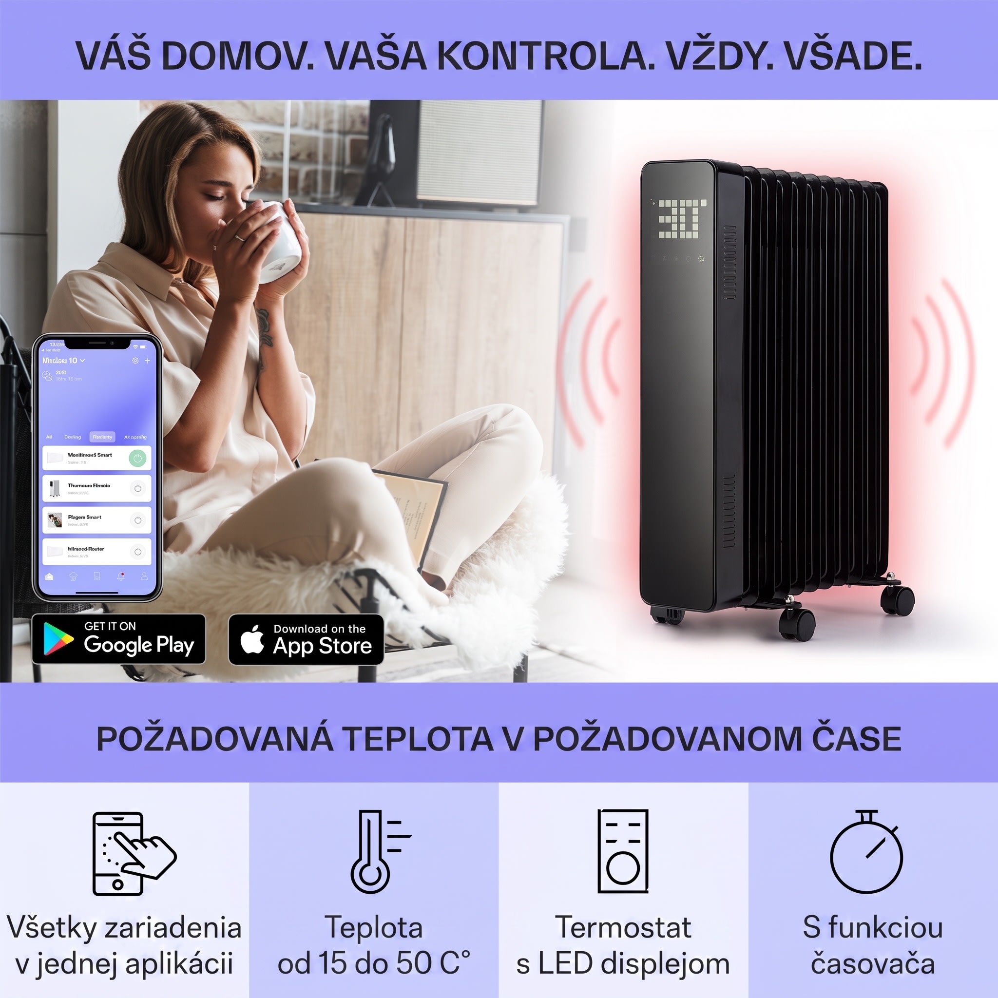 Sanford Smart, olejový radiátor, 2500 W, týždenný časovač, LED displej, dotykový panel, Klarstein aplikácia – Obrázok 3