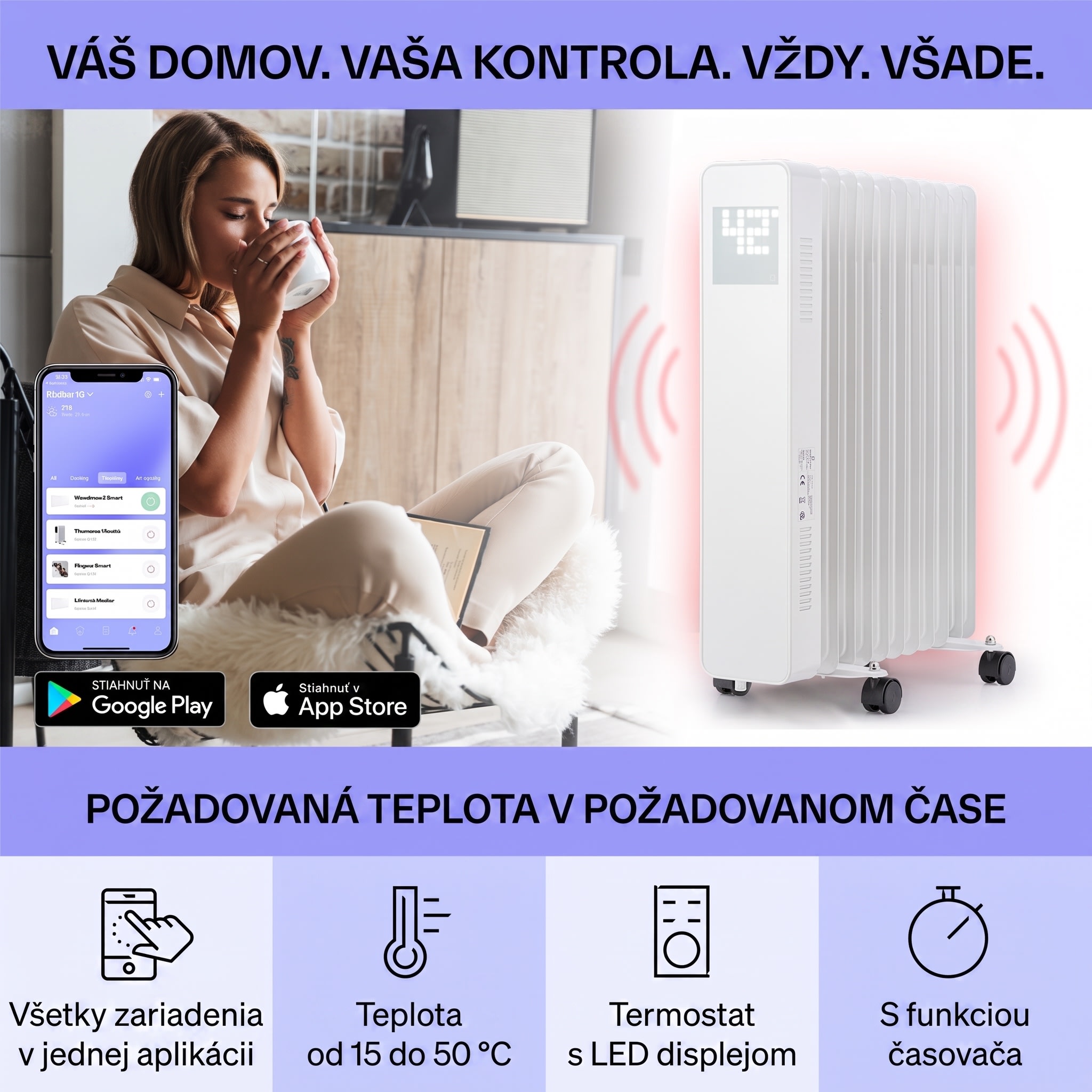 Sanford Smart, olejový radiátor, 2500 W, týždenný časovač, LED displej, dotykový panel, Klarstein aplikácia – Obrázok 3