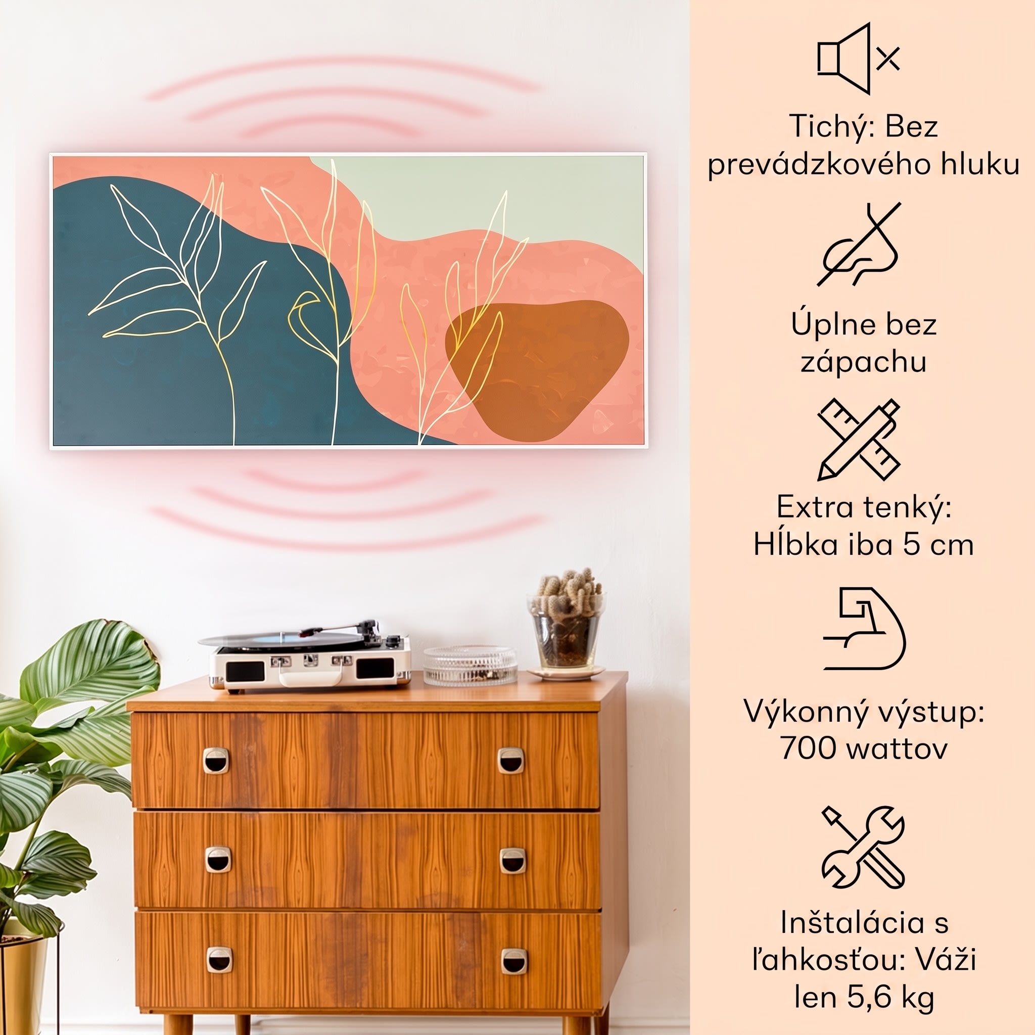 Klarstein Wonderwall Air Art, infračervený smart ohrievač, 60 x 120 cm, 700 W, nástenná inštalácia, aplikácia, zlaté linky – Obrázok 2