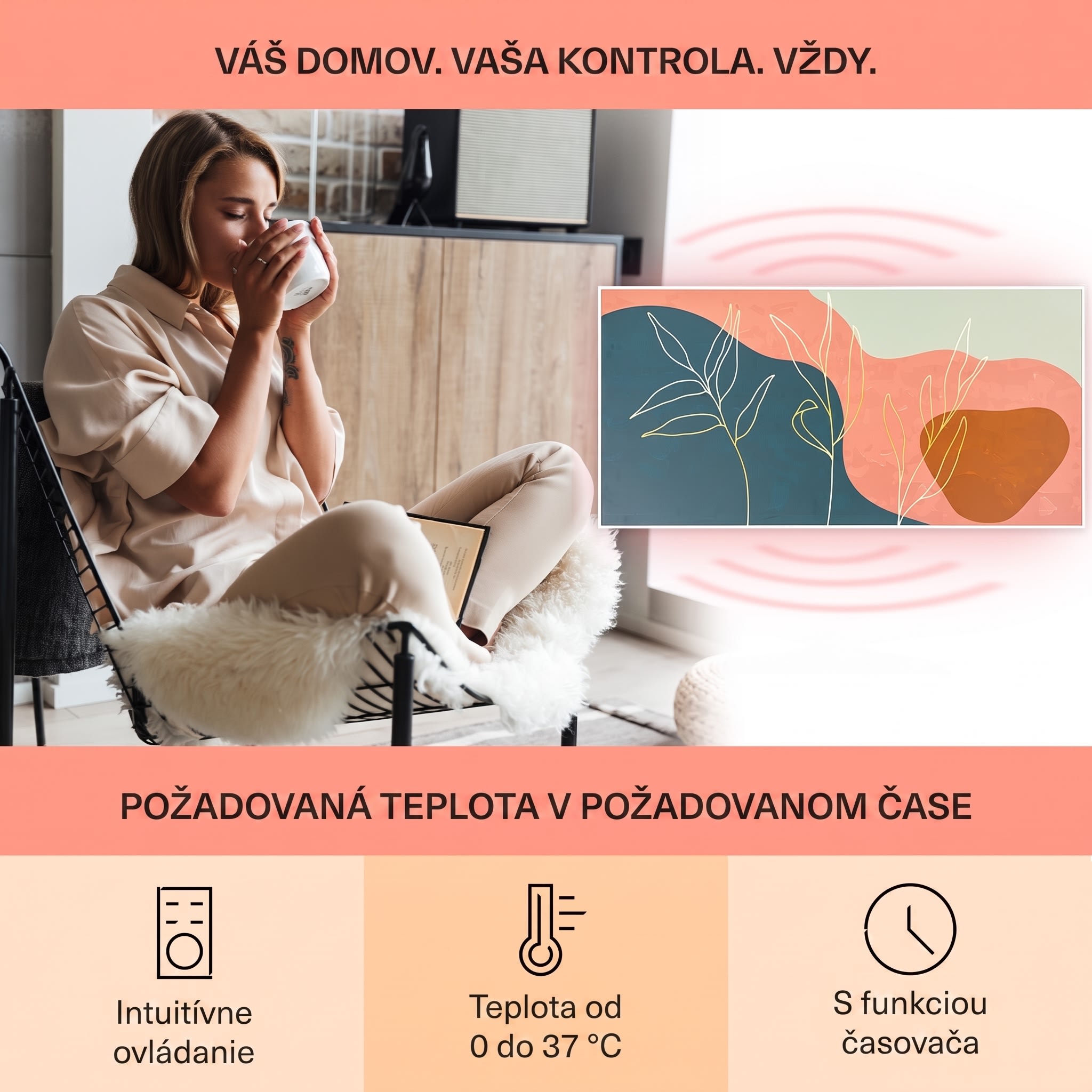 Klarstein Wonderwall Air Art, infračervený smart ohrievač, 60 x 120 cm, 700 W, nástenná inštalácia, aplikácia, zlaté linky – Obrázok 3