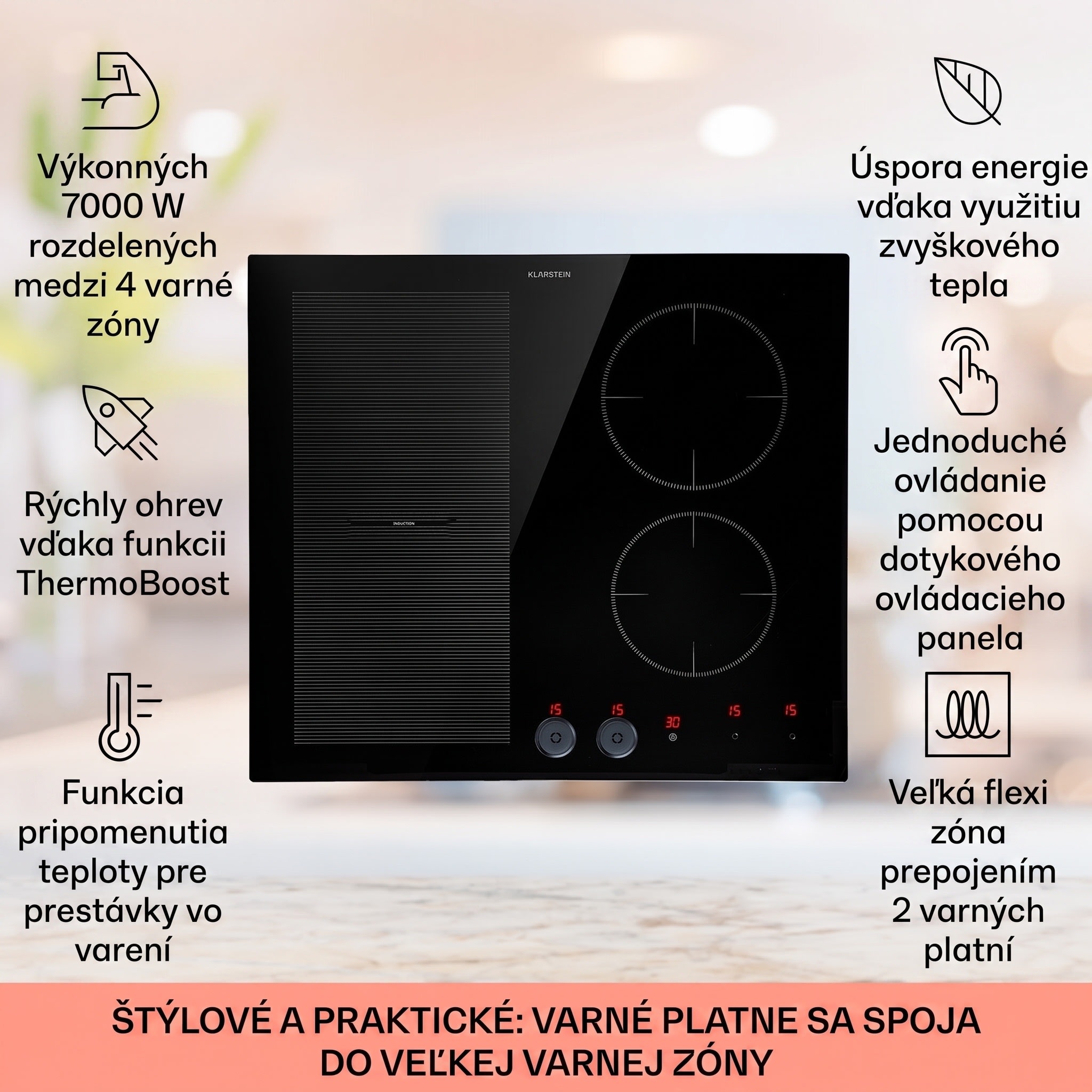 Klarstein Magnichef 4 Flex vstavaná indukčná varná doska 4 zóny / Flexzóna 7000W sklokeramika – Obrázok 2