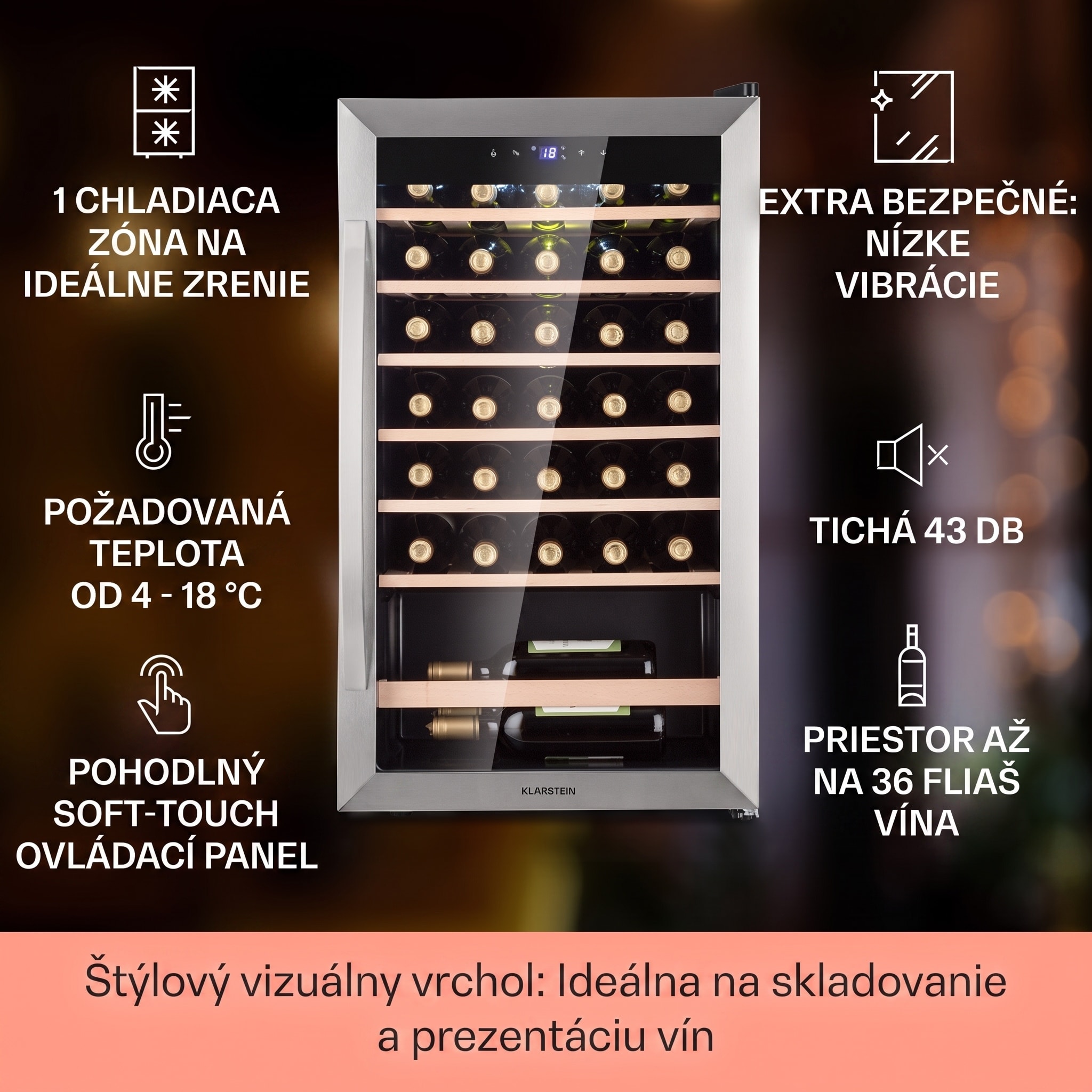 Klarstein Vinamour 32 Uno, vinotéka, 95 l, 36 fliaš, 4-18°C, 1 zóna, dotykové ovládanie – Obrázok 2