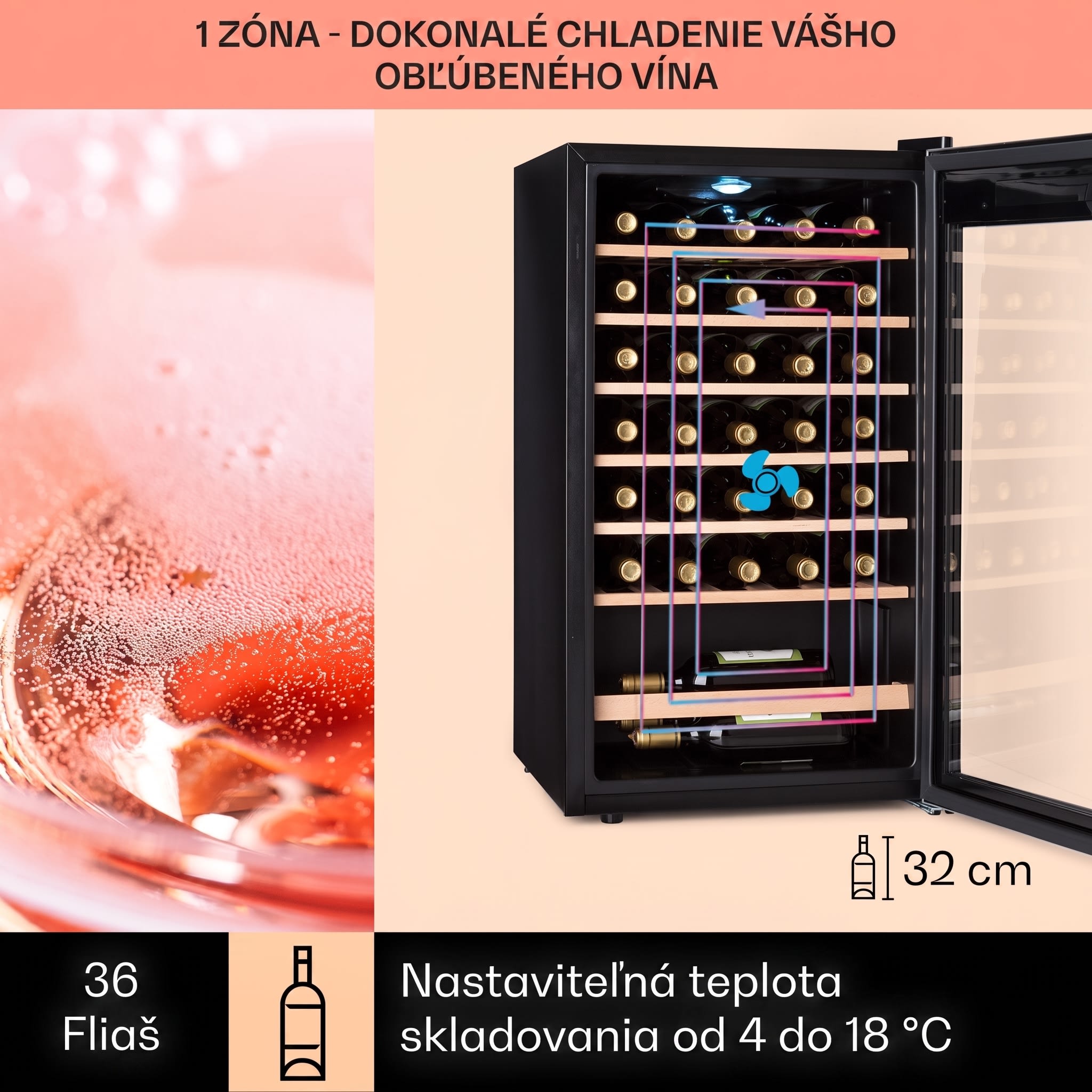 Klarstein Vinamour 32 Uno, vinotéka, 95 l, 36 fliaš, 4-18°C, 1 zóna, dotykové ovládanie – Obrázok 3
