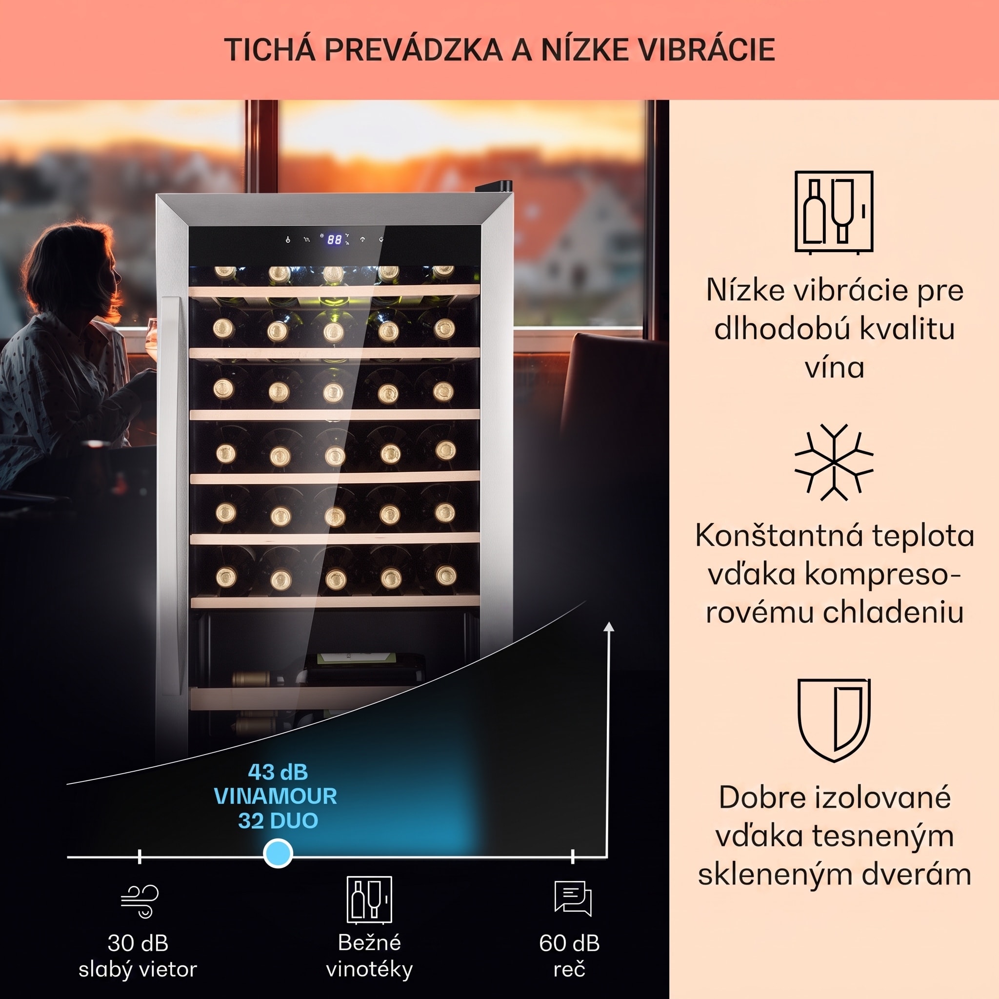 Klarstein Vinamour 32 Uno, vinotéka, 95 l, 36 fliaš, 4-18°C, 1 zóna, dotykové ovládanie – Obrázok 4