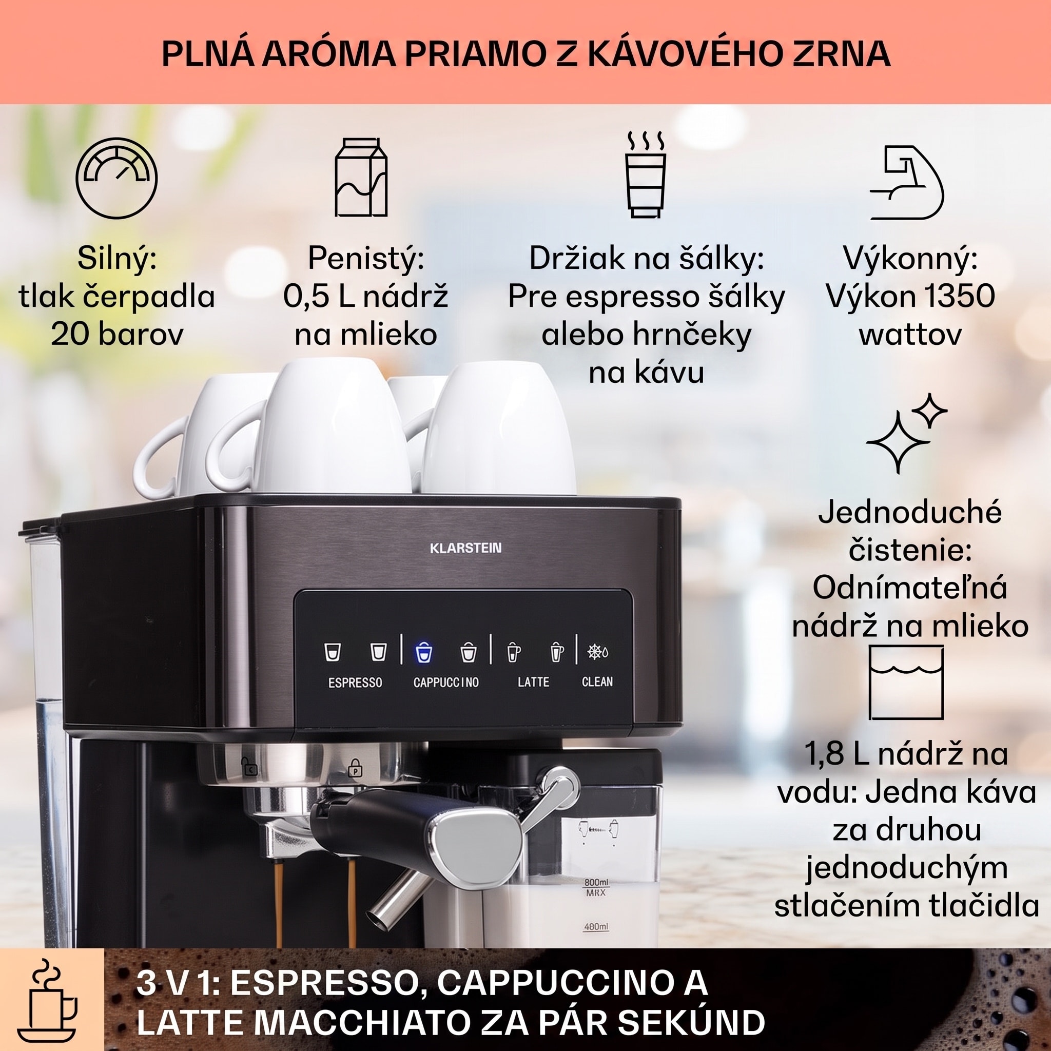 Klarstein Arabica Comfort kávovar s portafiltrom, 1350 W, 20 bar, 1,8 l, dotykový ovládací panel – Obrázok 2