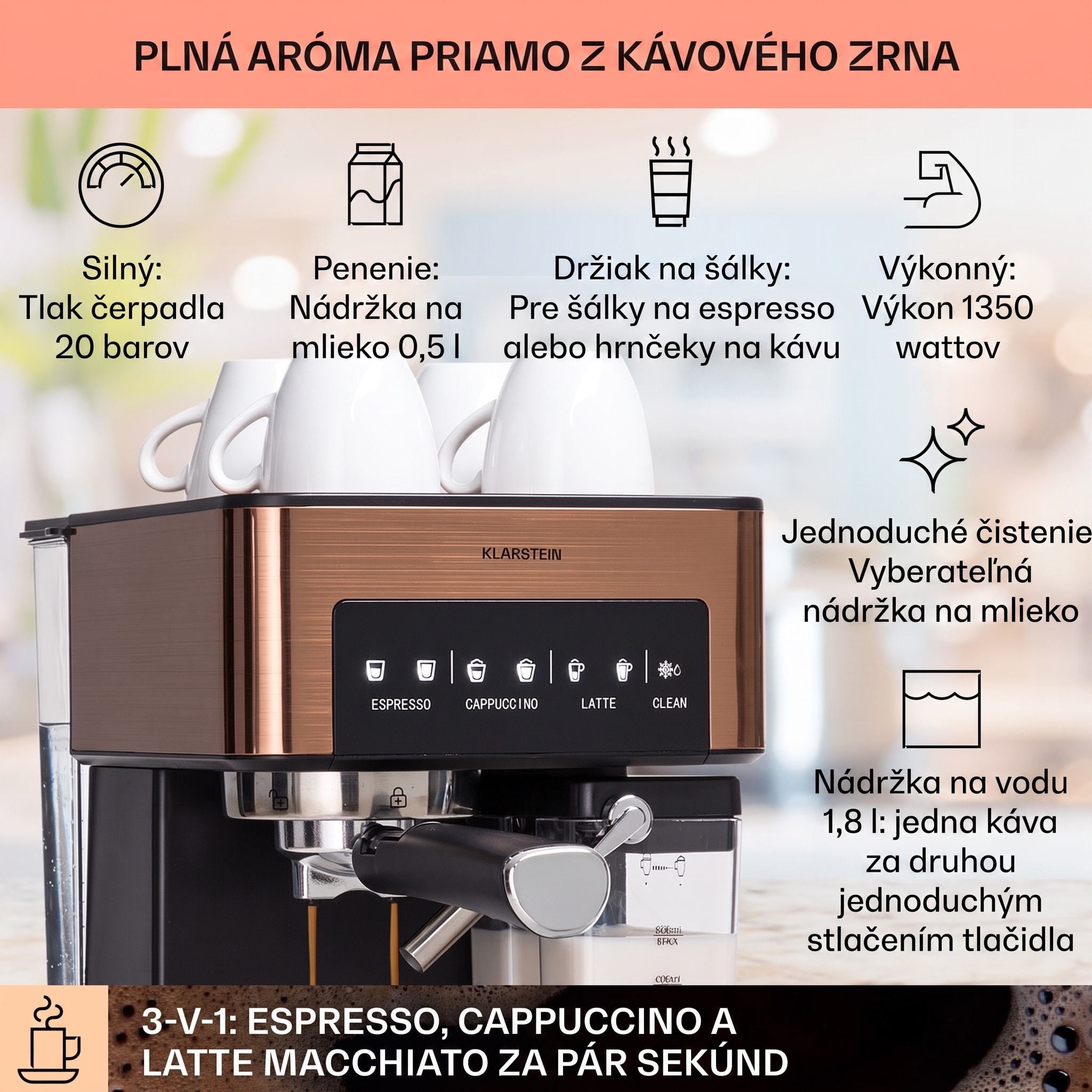Klarstein Arabica Comfort kávovar s portafiltrom, 1350 W, 20 bar, 1,8 l, dotykový ovládací panel – Obrázok 2