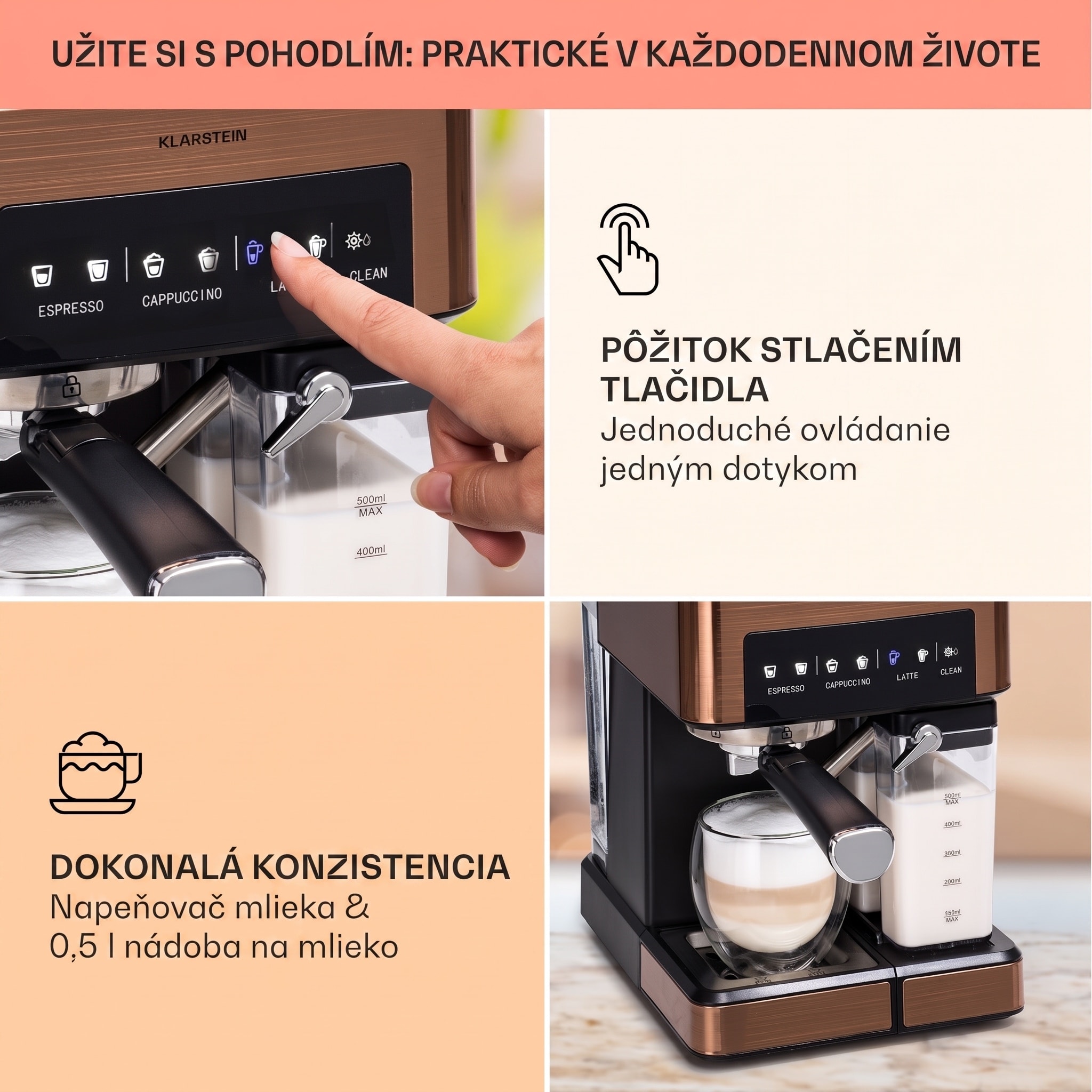 Klarstein Arabica Comfort kávovar s portafiltrom, 1350 W, 20 bar, 1,8 l, dotykový ovládací panel – Obrázok 3