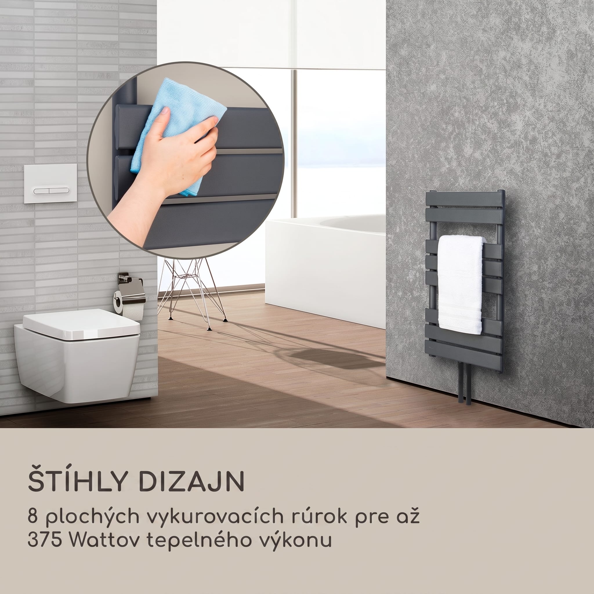 Blumfeldt Fairmont 80 x 45 radiátor 375W teplá voda 3 držiaky na uteráky 1/2 – Obrázok 3