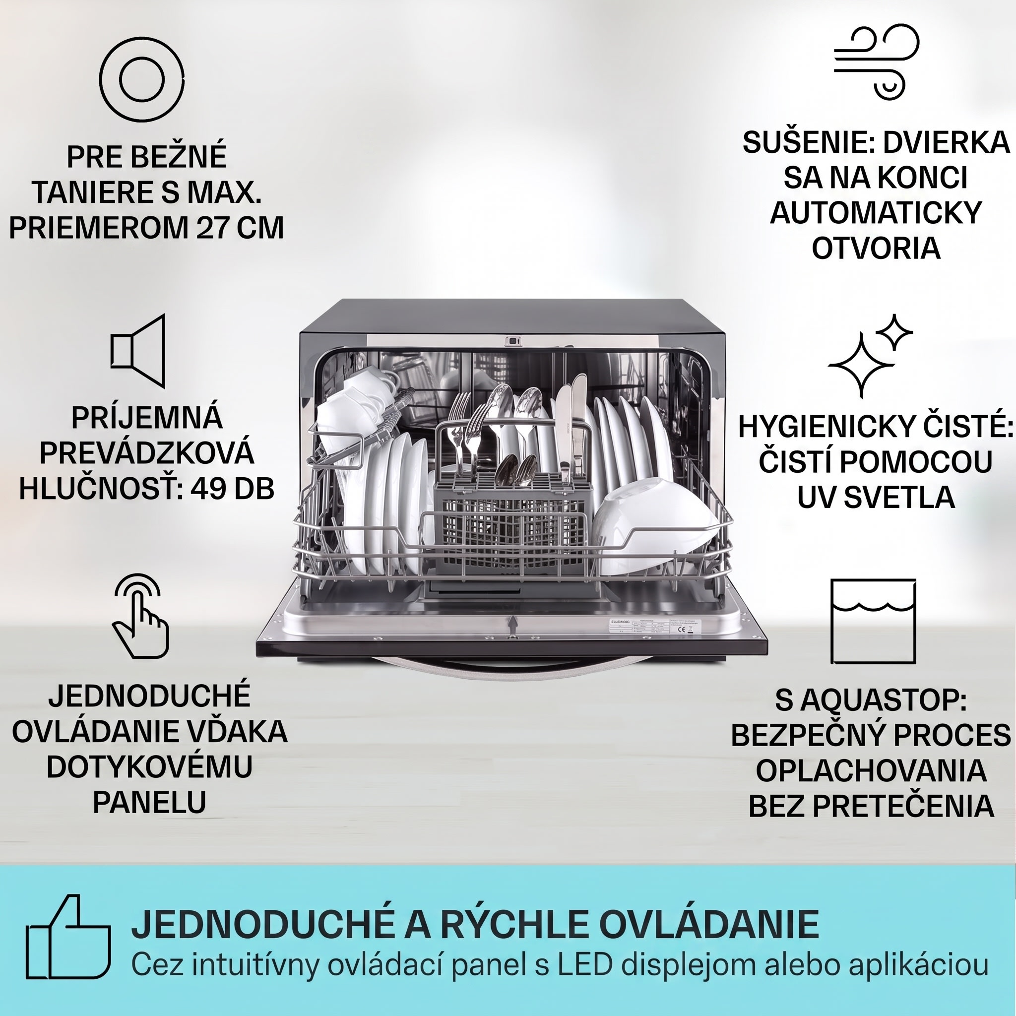 Klarstein Havasia UV 6 Luminance, umývačka riadu, UV svetlo, 1380 W, sklenená predná časť, voľne stojaca – Obrázok 2