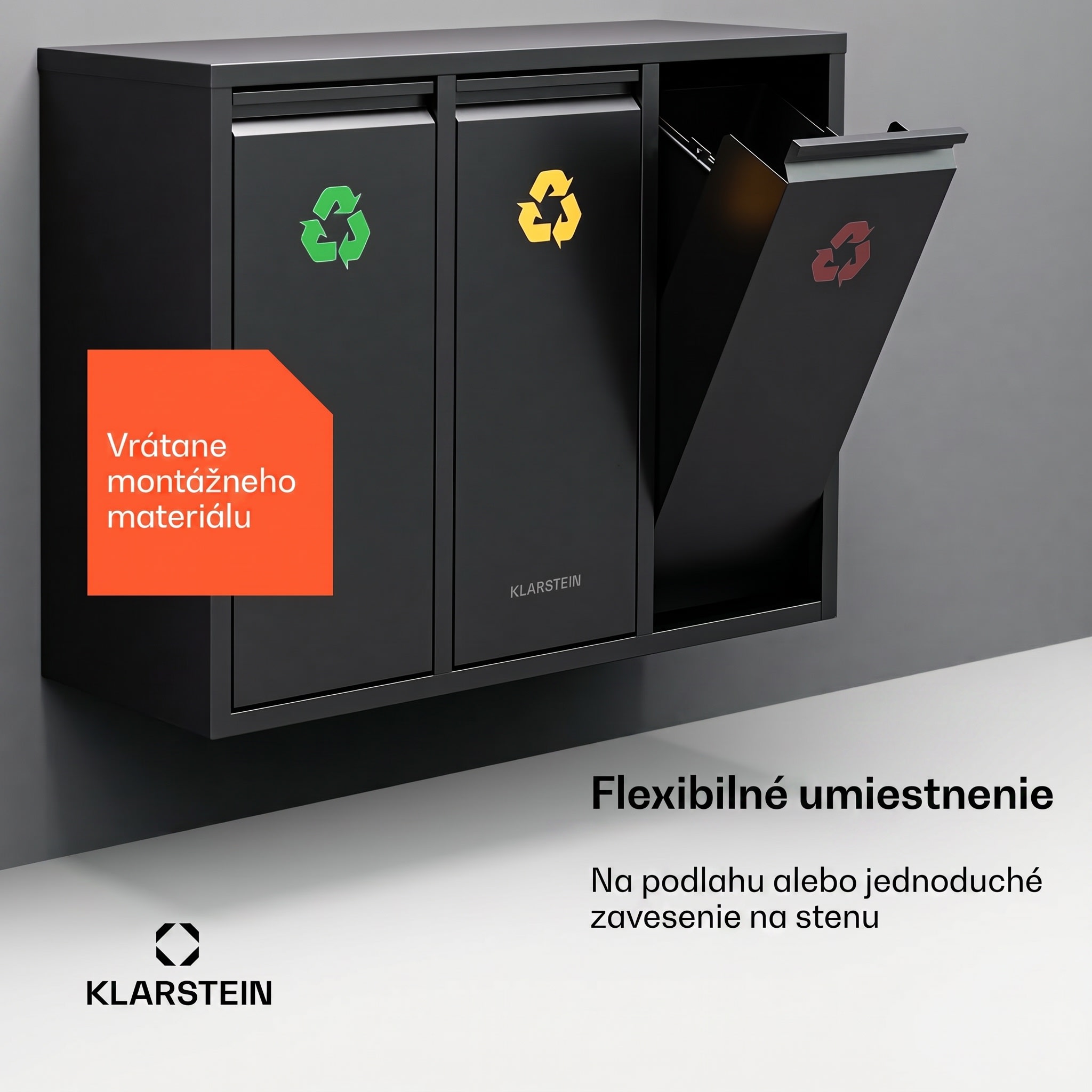 Klarstein Ordnungshüter 3 odpadkové koše 45 litrov 3 nádoby recyklácia nástenná montáž – Obrázok 4