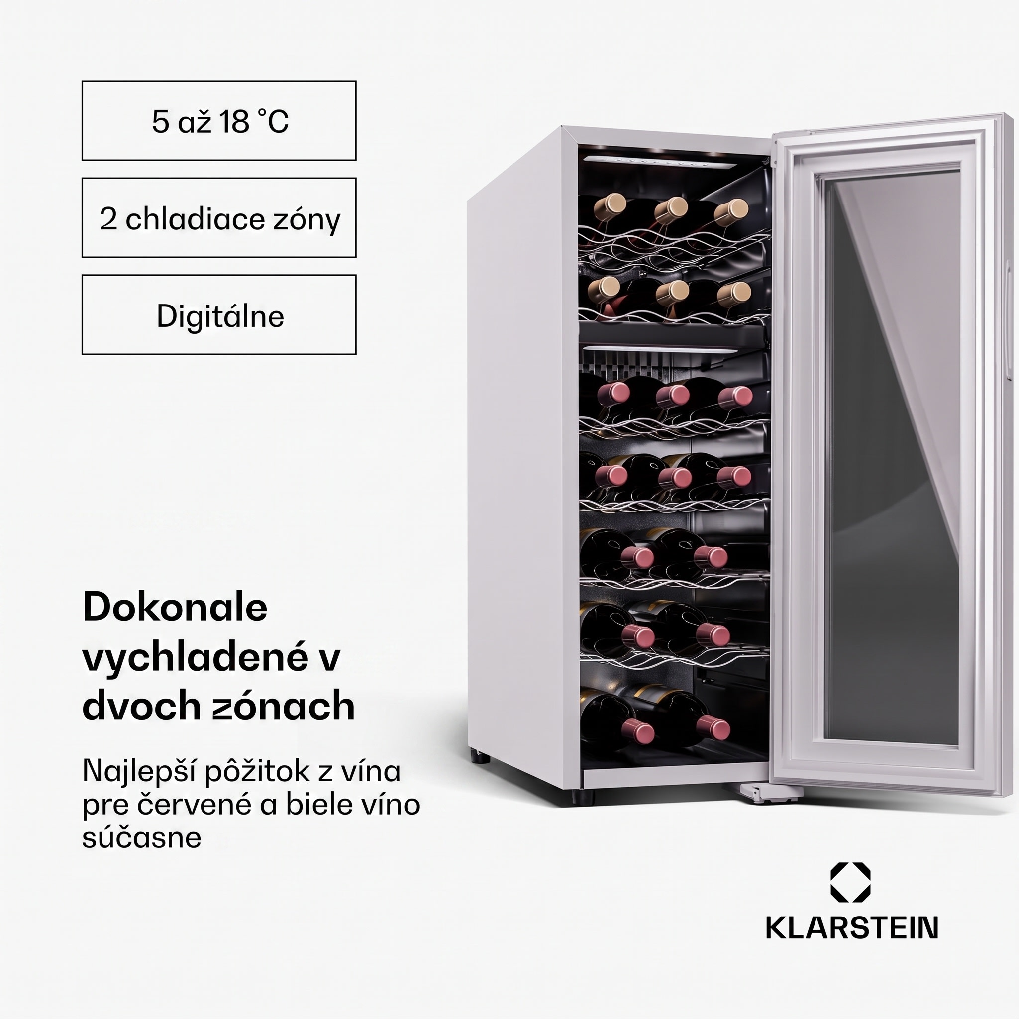 Klarstein Shiraz 18 Duo, chladnička na víno, 2 zóny, 53 l/18 fliaš, 5-18 / 5-18 °C, dotykové ovládanie – Obrázok 3