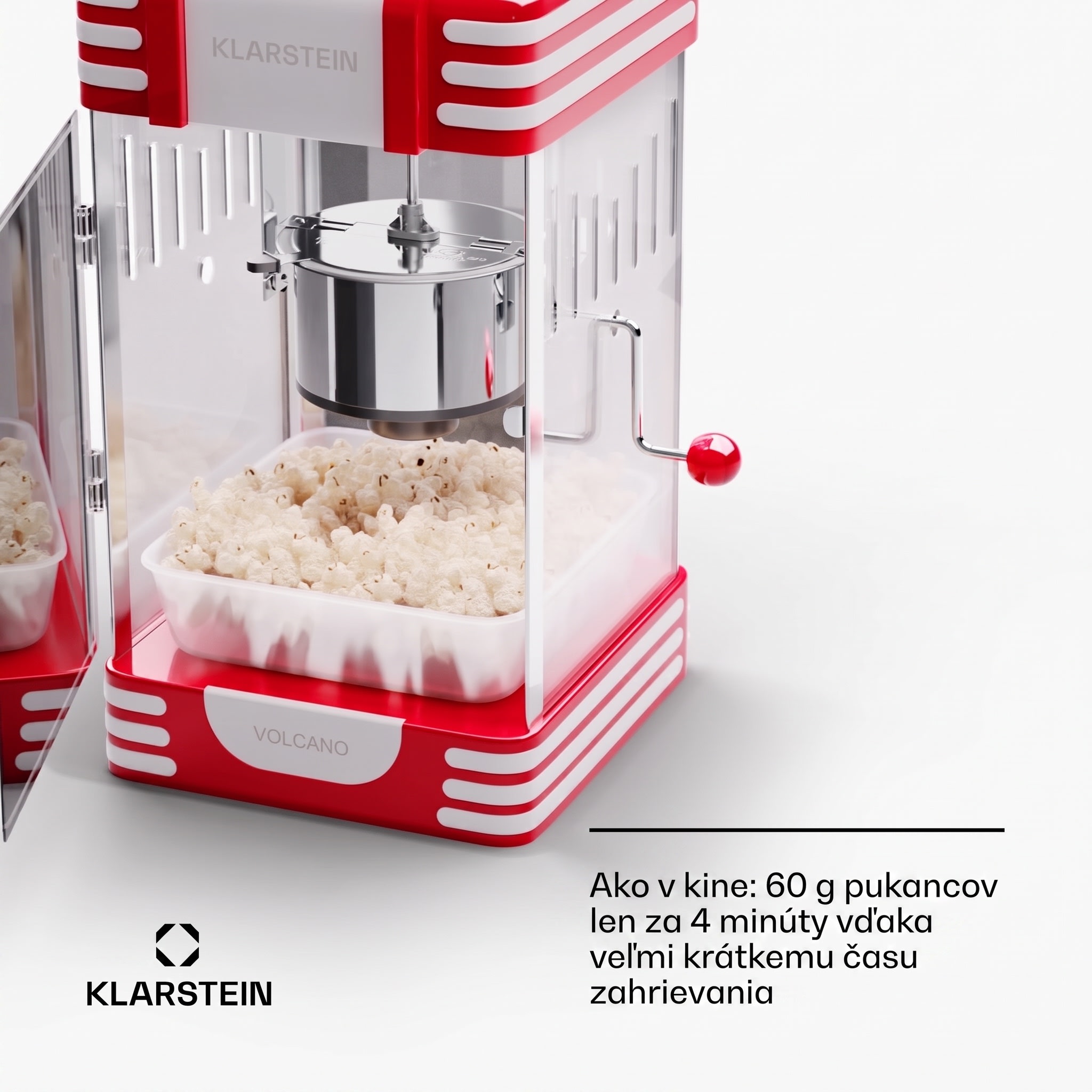 Klarstein Volcano, popkornovač, 300 W, 60 g/4 min, hrniec z nehrdzavejúcej ocele, retro dizajn – Obrázok 2