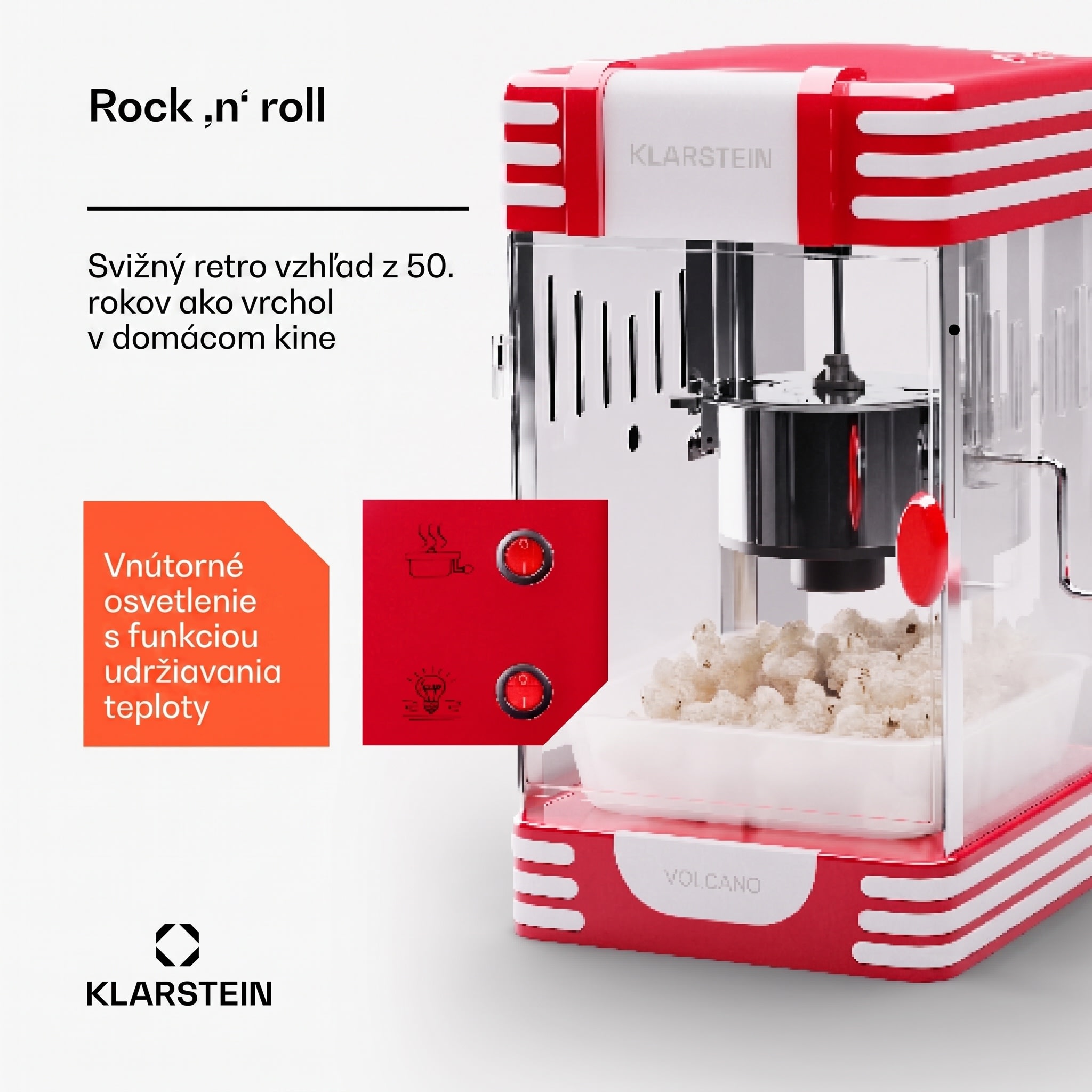 Klarstein Volcano, popkornovač, 300 W, 60 g/4 min, hrniec z nehrdzavejúcej ocele, retro dizajn – Obrázok 3