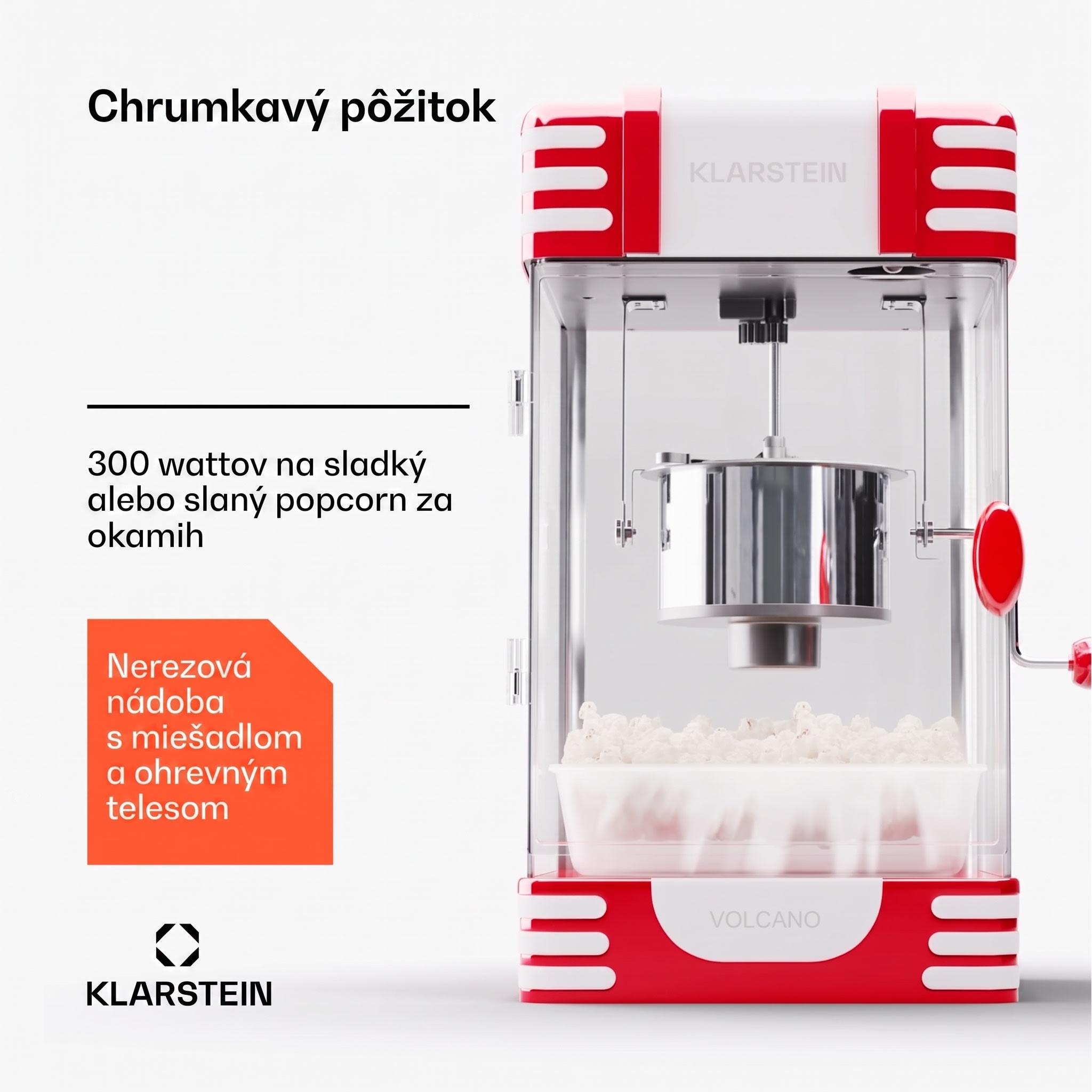 Klarstein Volcano, popkornovač, 300 W, 60 g/4 min, hrniec z nehrdzavejúcej ocele, retro dizajn – Obrázok 5
