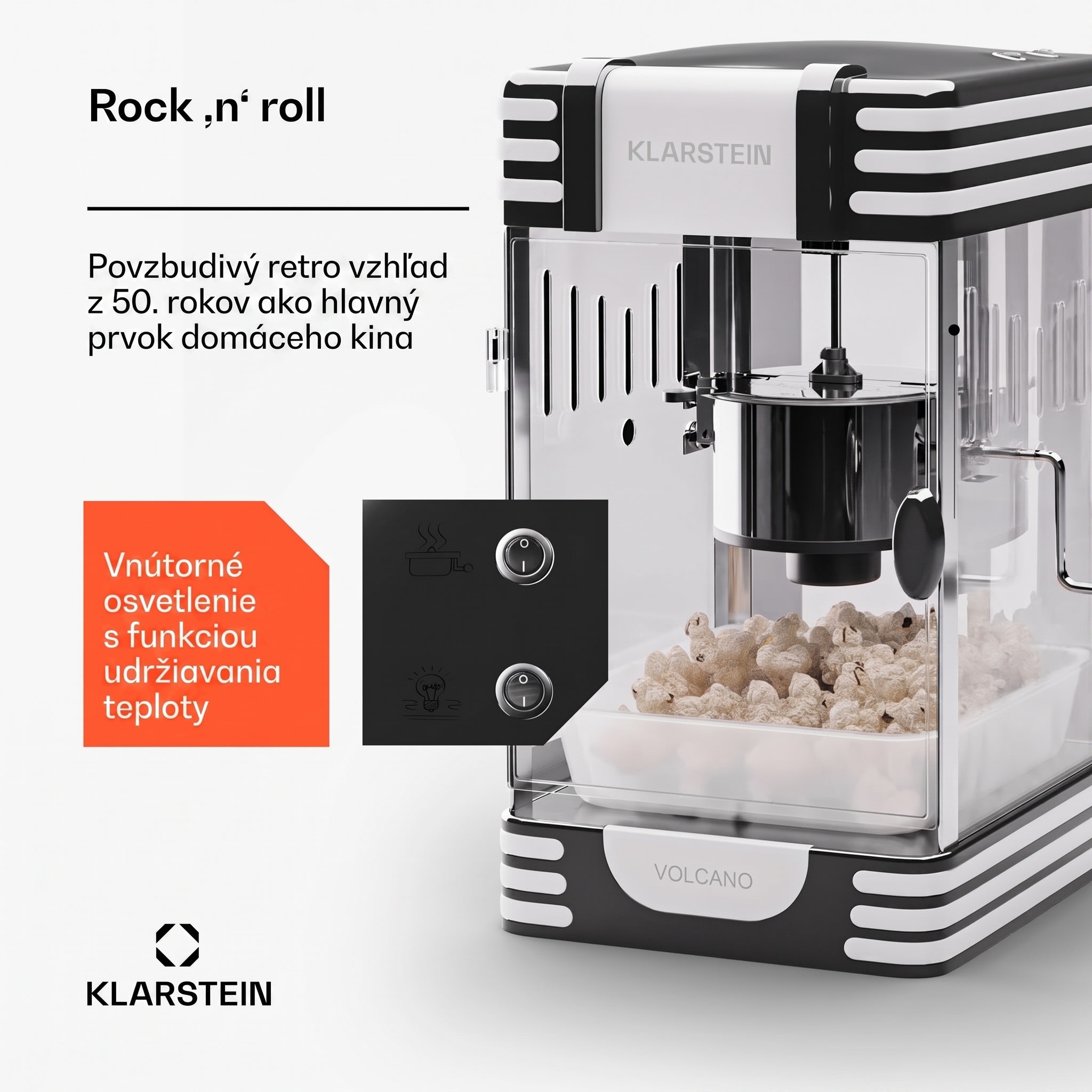 Klarstein Volcano, popkornovač, 300 W, 60 g/4 min, hrniec z nehrdzavejúcej ocele, retro dizajn – Obrázok 3