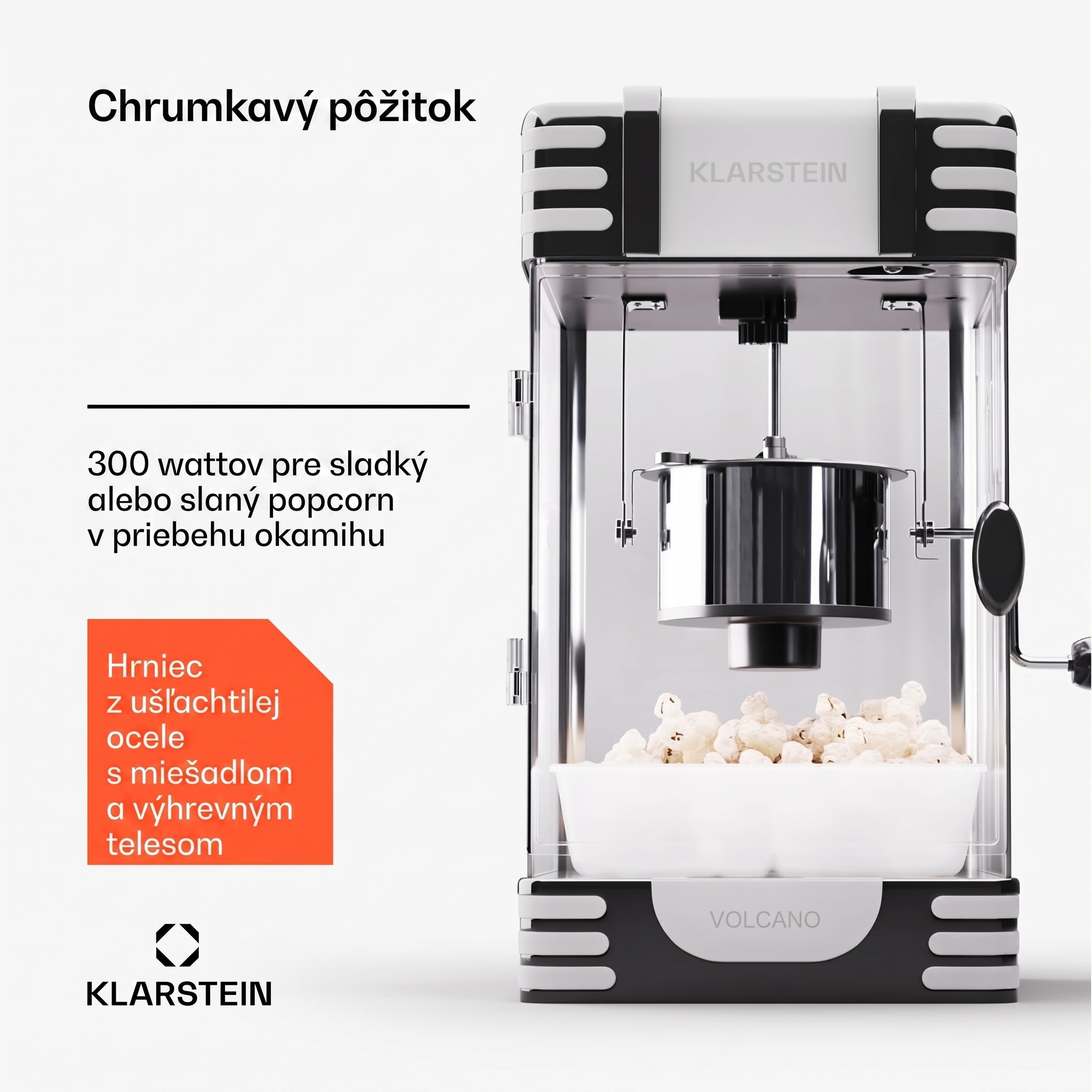 Klarstein Volcano, popkornovač, 300 W, 60 g/4 min, hrniec z nehrdzavejúcej ocele, retro dizajn – Obrázok 5