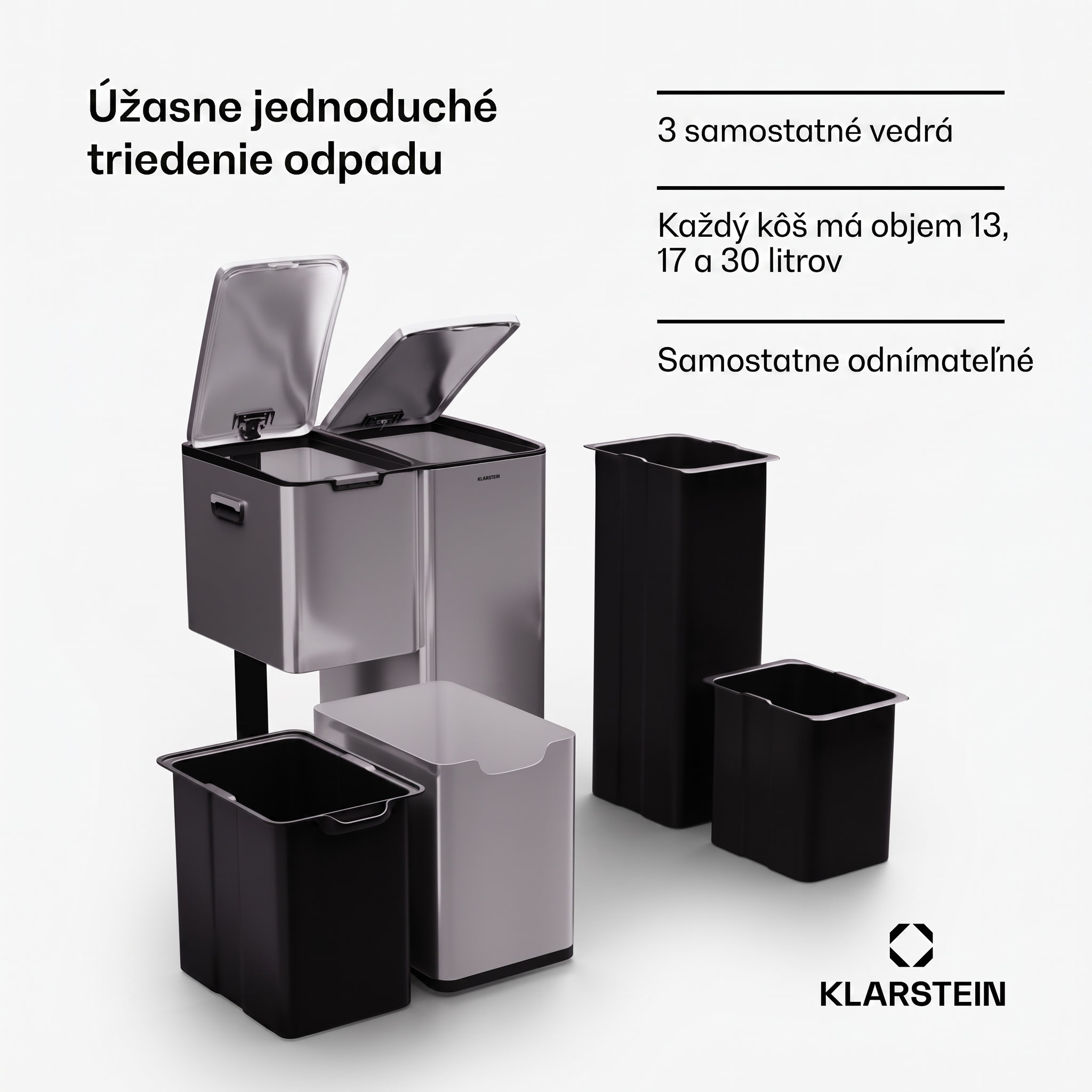 Klarstein Tiyo 3v1 odpadkový kôš 60 l s vyberateľným vedrom a tichým zatváraním – Obrázok 2