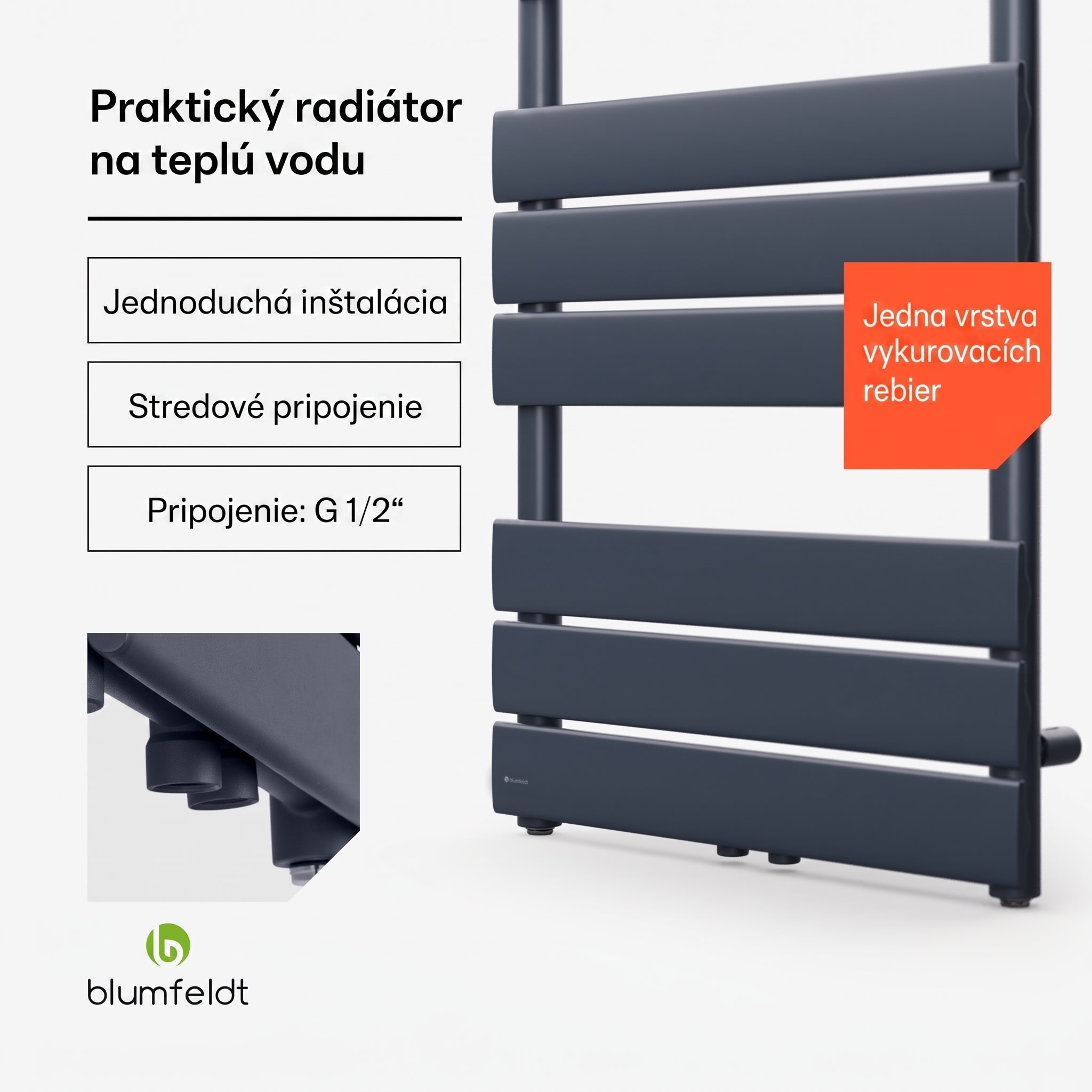 Blumfeldt Fairmont, 50 x 107, radiátor, 509 W, teplovodný, 4 vešiaky uterákov, 1/2" – Obrázok 3