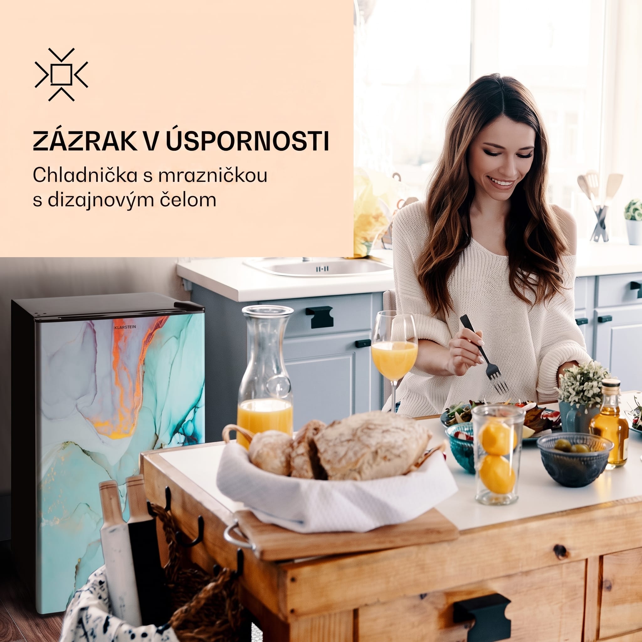Klarstein CoolArt 79L, kombinovaná chladnička s mrazničkou, EEK E, mraziaci priestor 9 l, dizajnové dvere – Obrázok 2