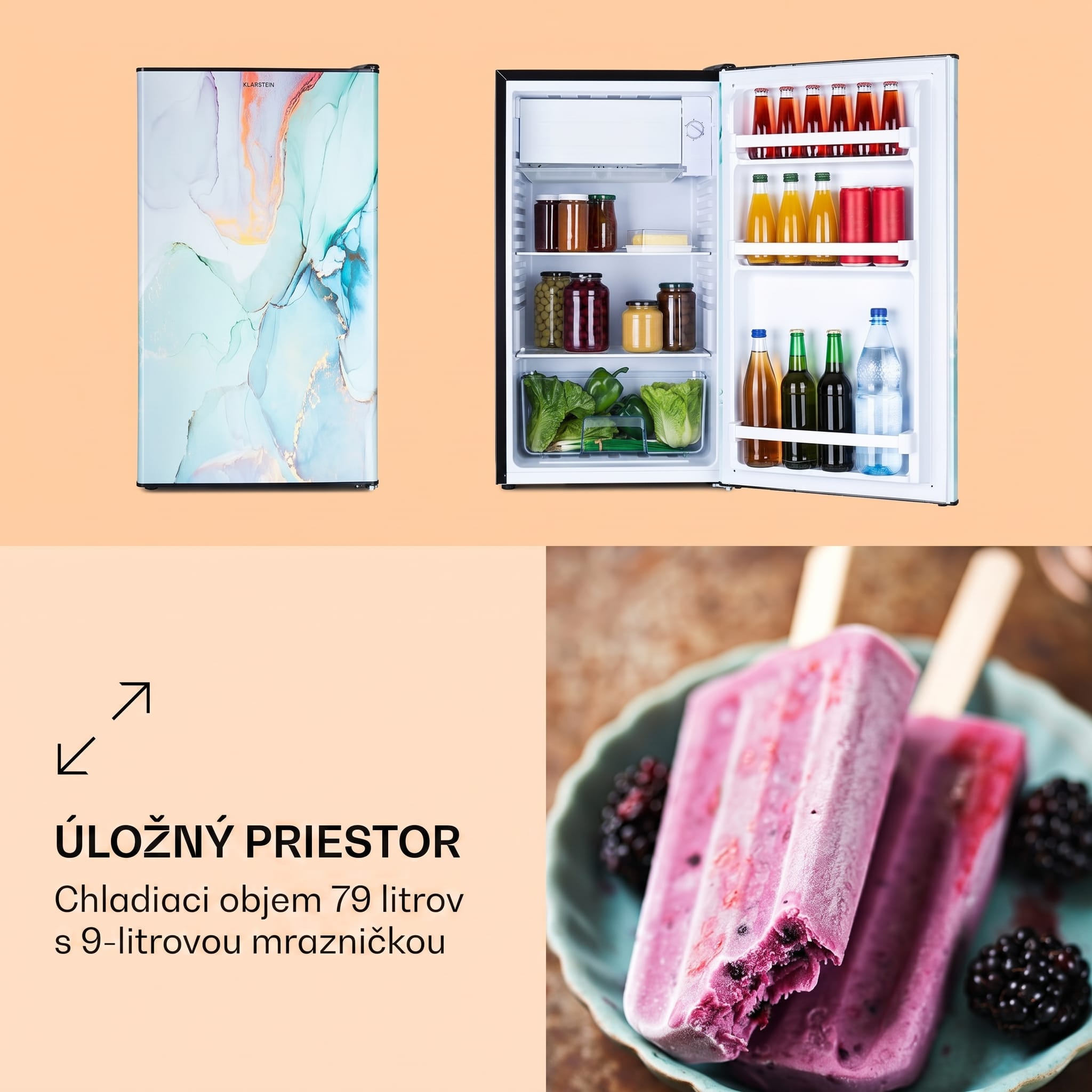 Klarstein CoolArt 79L, kombinovaná chladnička s mrazničkou, EEK E, mraziaci priestor 9 l, dizajnové dvere – Obrázok 3