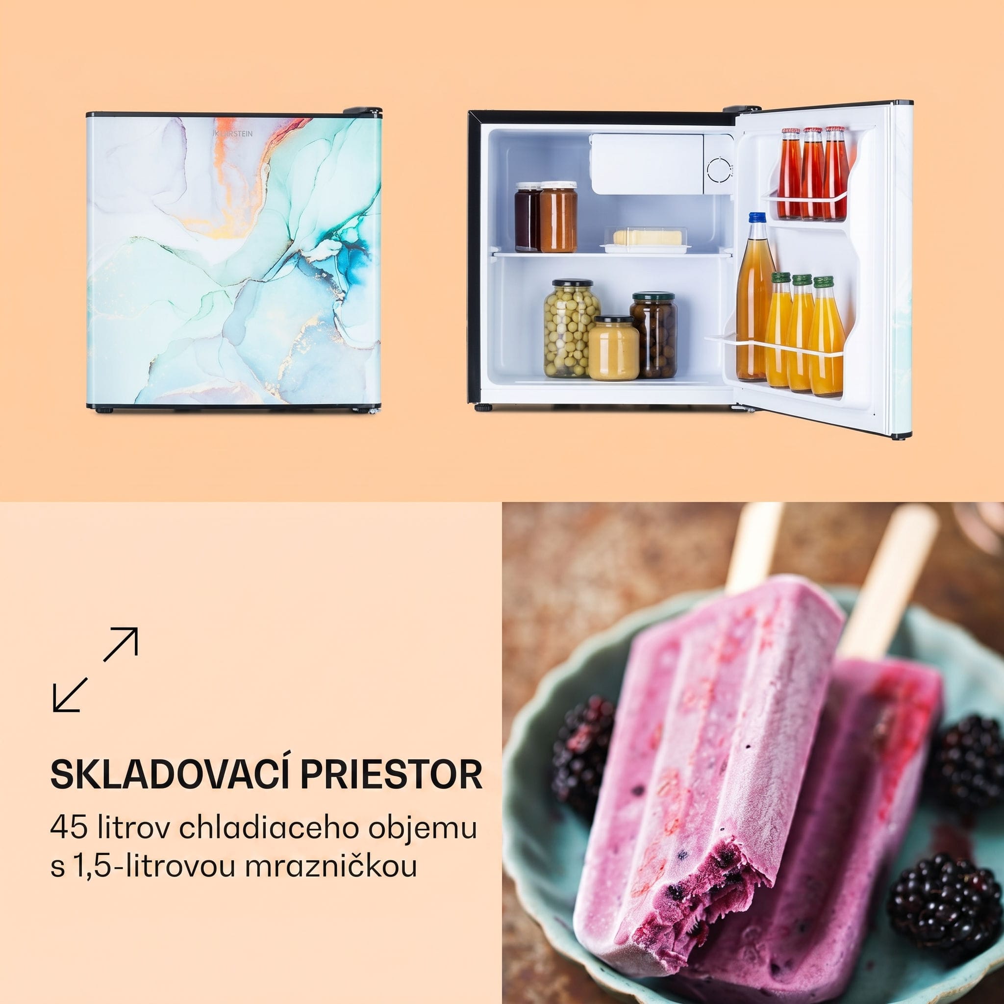 Klarstein CoolArt 45L, mini chladnička, EEK E, s mraziacim priestorom 1,5 l, dizajnové dvere – Obrázok 3