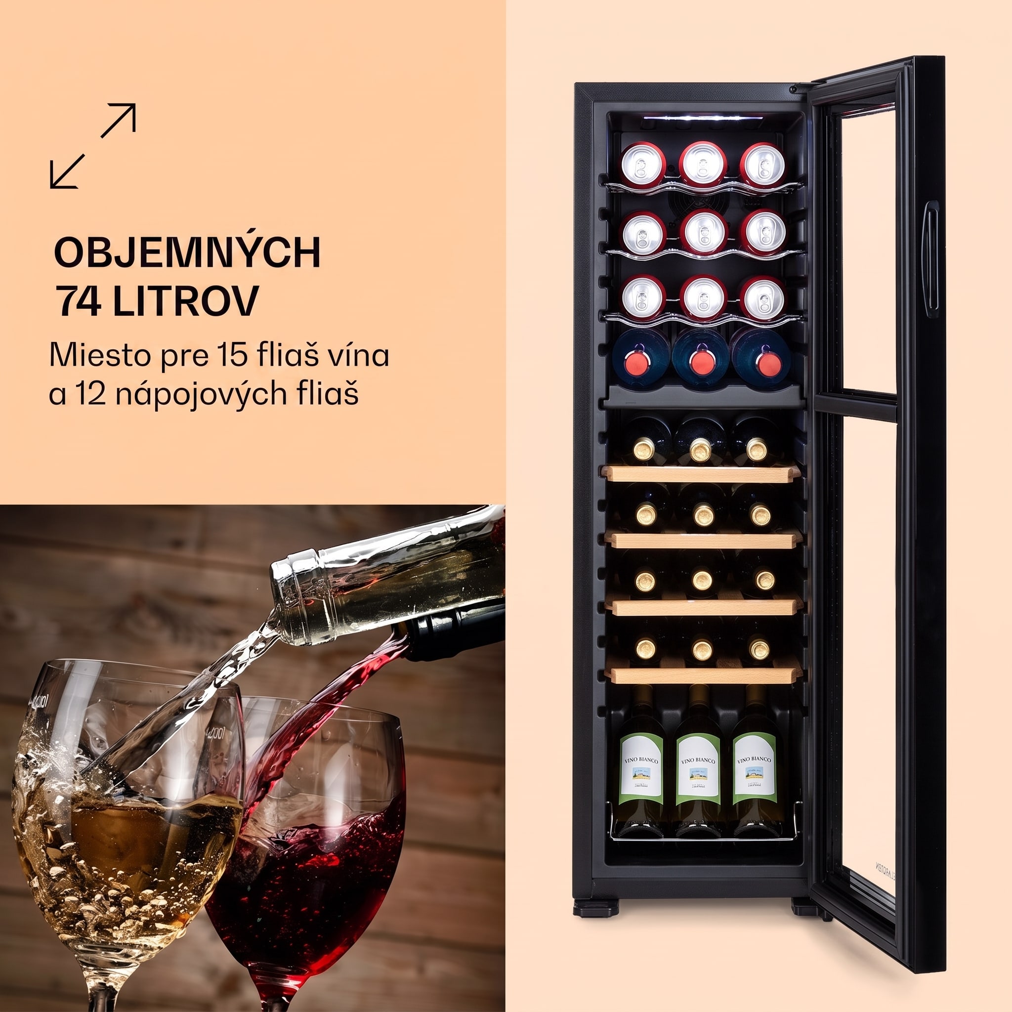 Klarstein Bovella 27 Duo+, dvojzónová vinotéka, 74 l, 27 fliaš, sklenené dvierka – Obrázok 3