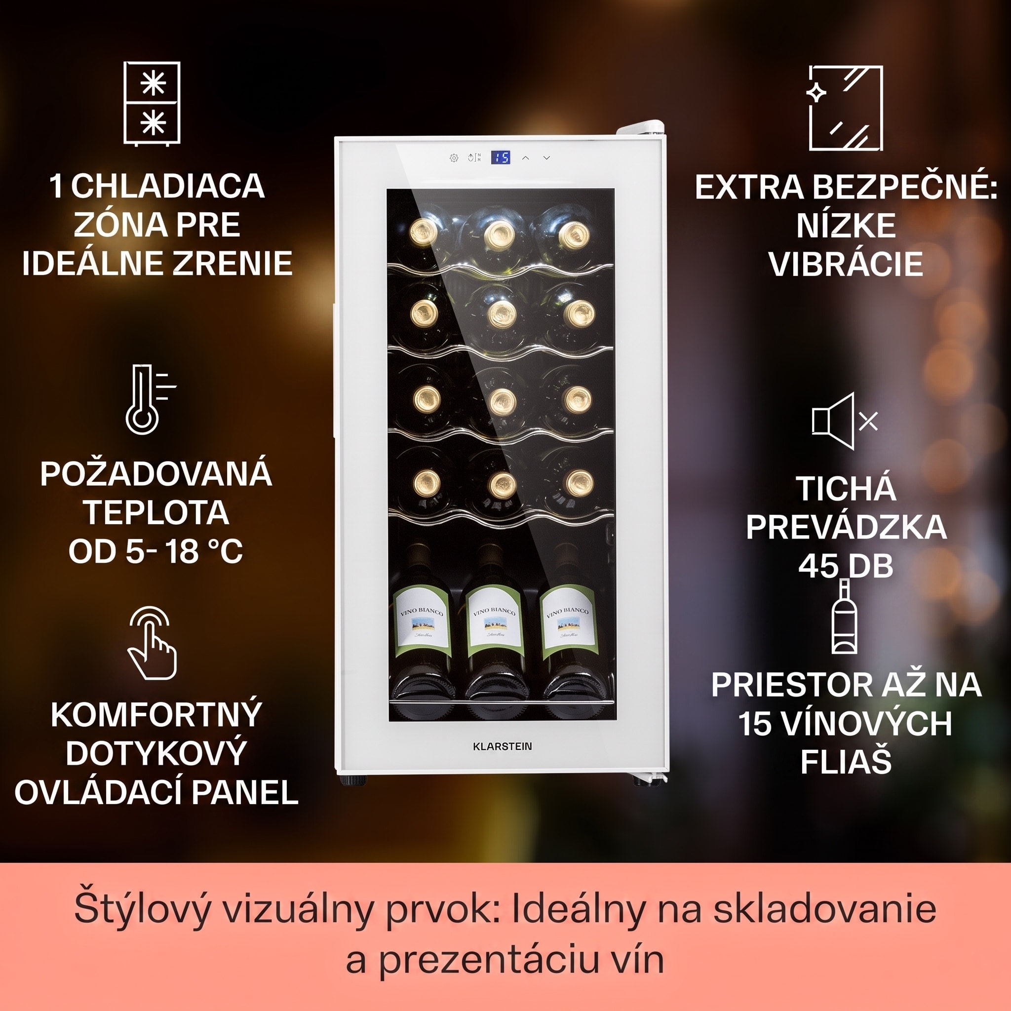 Klarstein Shiraz 15 Slim Uno, vinotéka, 44 l, 135 W, 5–18°C, dotykové ovládanie, biela – Obrázok 2