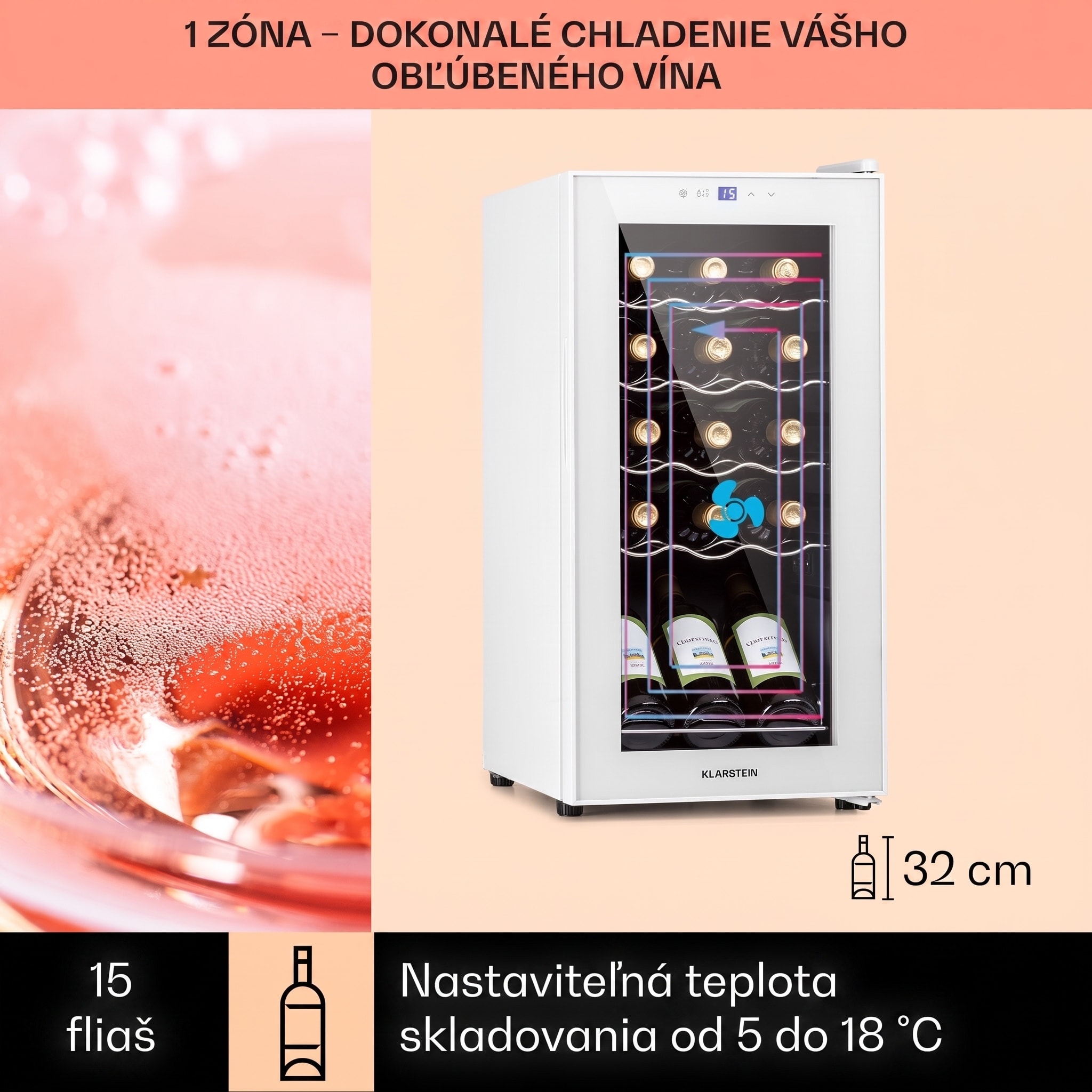 Klarstein Shiraz 15 Slim Uno, vinotéka, 44 l, 135 W, 5–18°C, dotykové ovládanie, biela – Obrázok 3