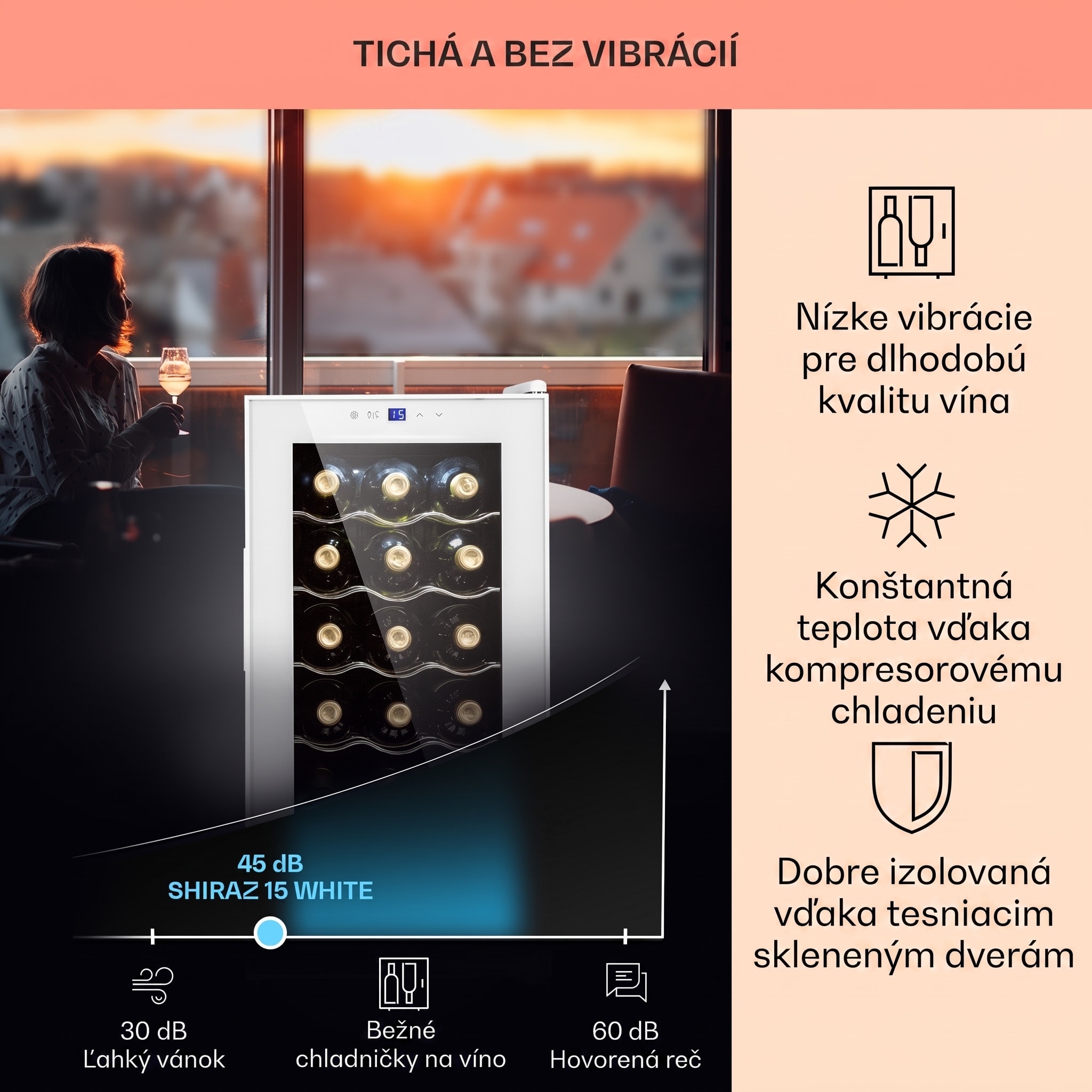 Klarstein Shiraz 15 Slim Uno, vinotéka, 44 l, 135 W, 5–18°C, dotykové ovládanie, biela – Obrázok 4
