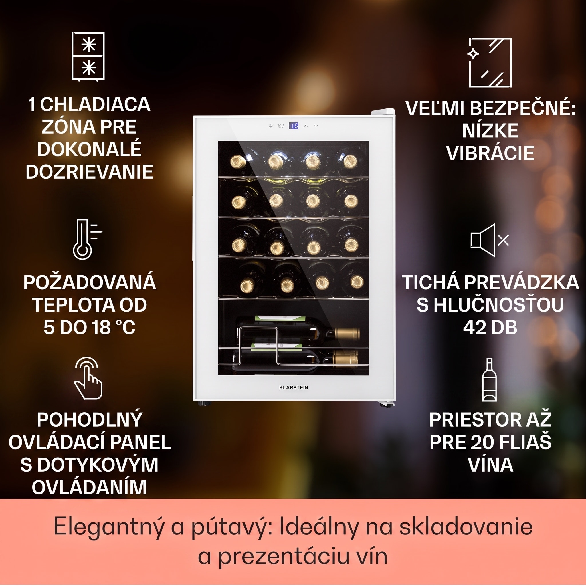 Klarstein Shiraz 20 Uno, vinotéka, 53 l, 20 fliaš, 5-18°C, dotykový ovládací panel – Obrázok 2