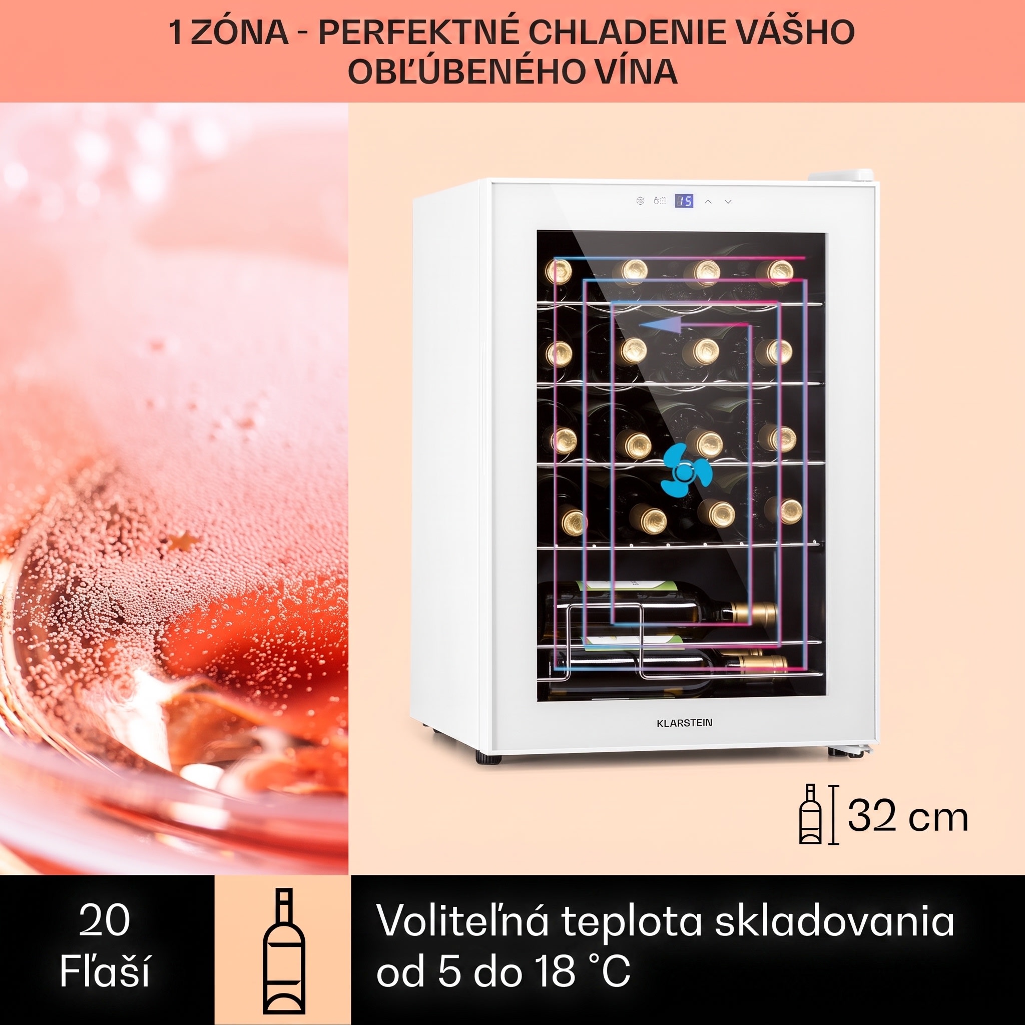 Klarstein Shiraz 20 Uno, vinotéka, 53 l, 20 fliaš, 5-18°C, dotykový ovládací panel – Obrázok 3