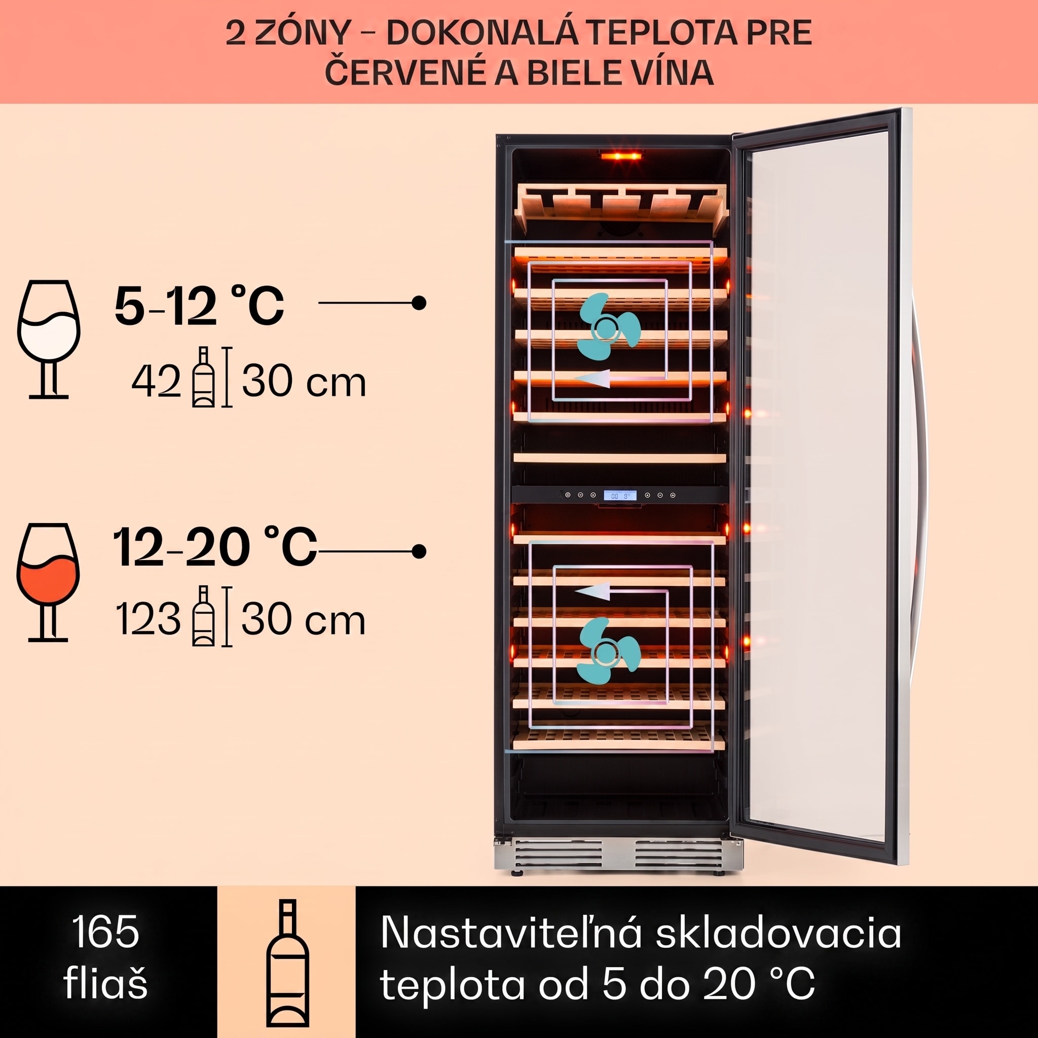 Klarstein Vinovilla Grande Duo, veľkoobjemová vinotéka, 425 l, 165 fliaš, 3-farebné LED osvetlenie – Obrázok 3