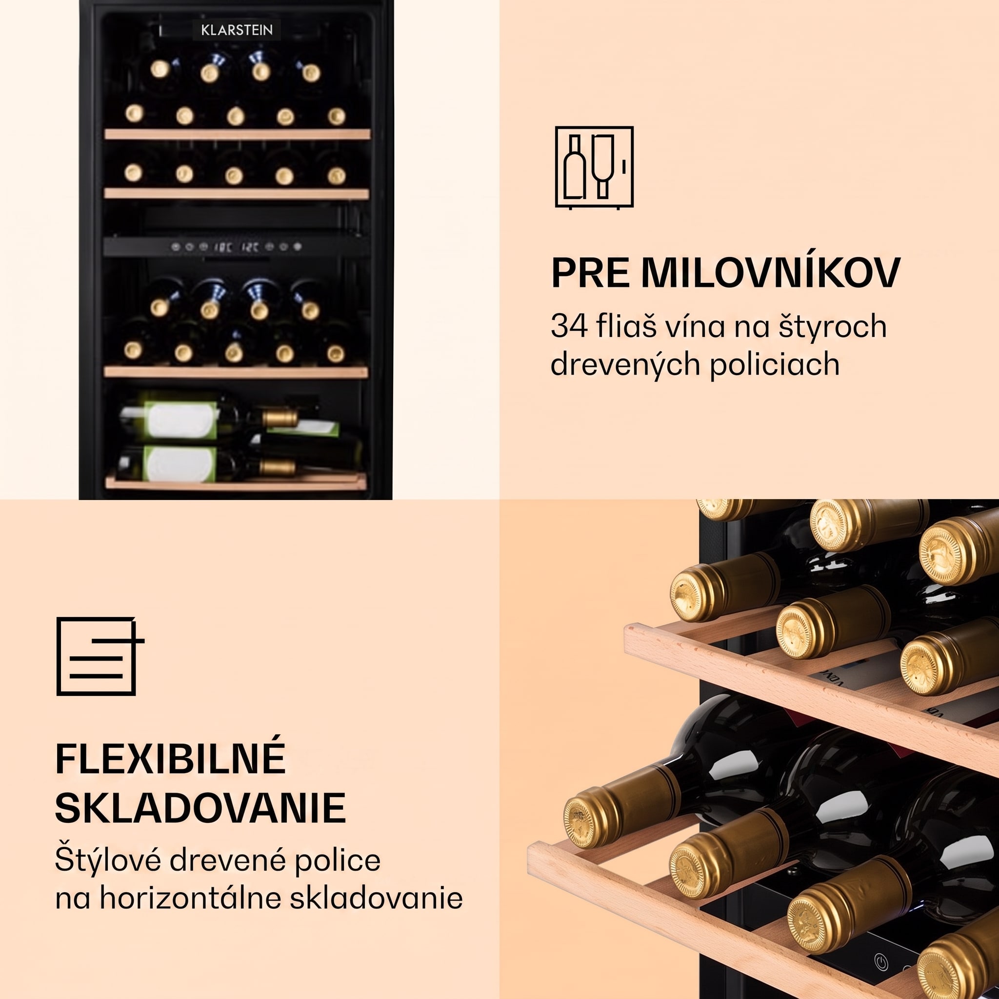 Klarstein Barossa 34 Duo, vinotéka, 2 zóny, 34 fliaš, sklenené dvierka, dotykové ovládanie, čierna – Obrázok 5