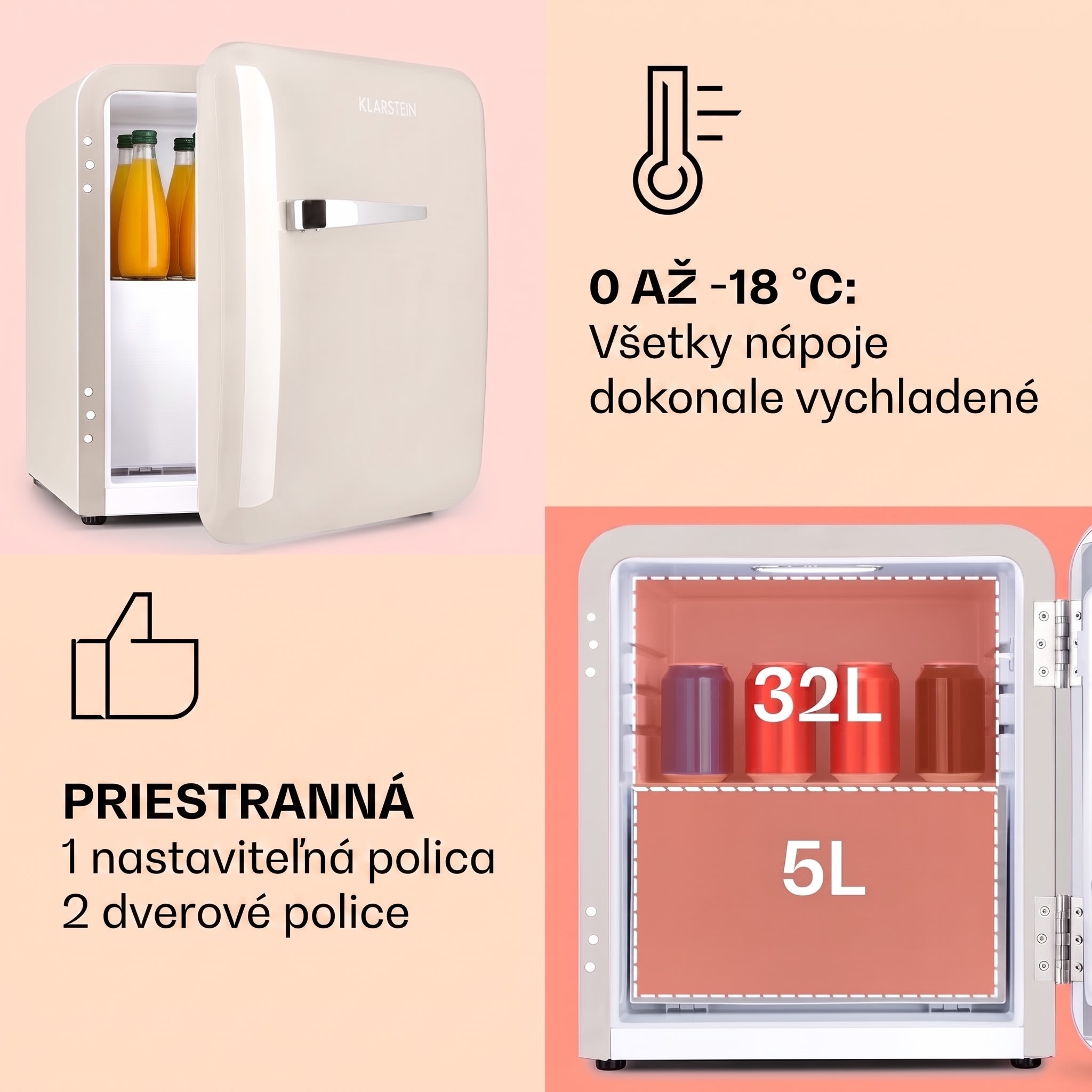 Klarstein Audrey Mini, retro chladnička, energet. trieda E, mraziaci priečinok, LED – Obrázok 4