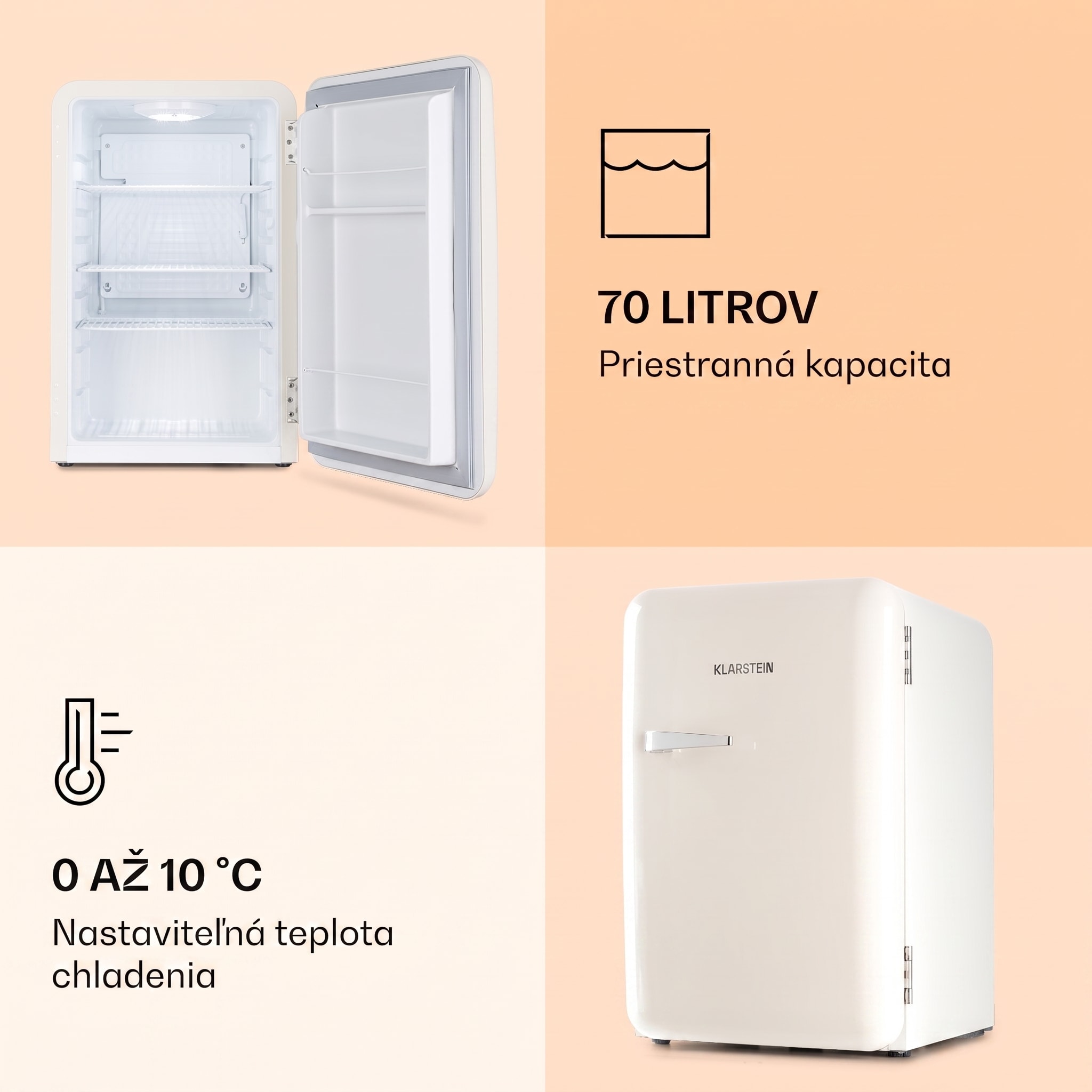 Klarstein Audrey, retro chladnička, 70 l, 3 police, 2 priehradky vo dverách, vnútorné osvetlenie – Obrázok 4