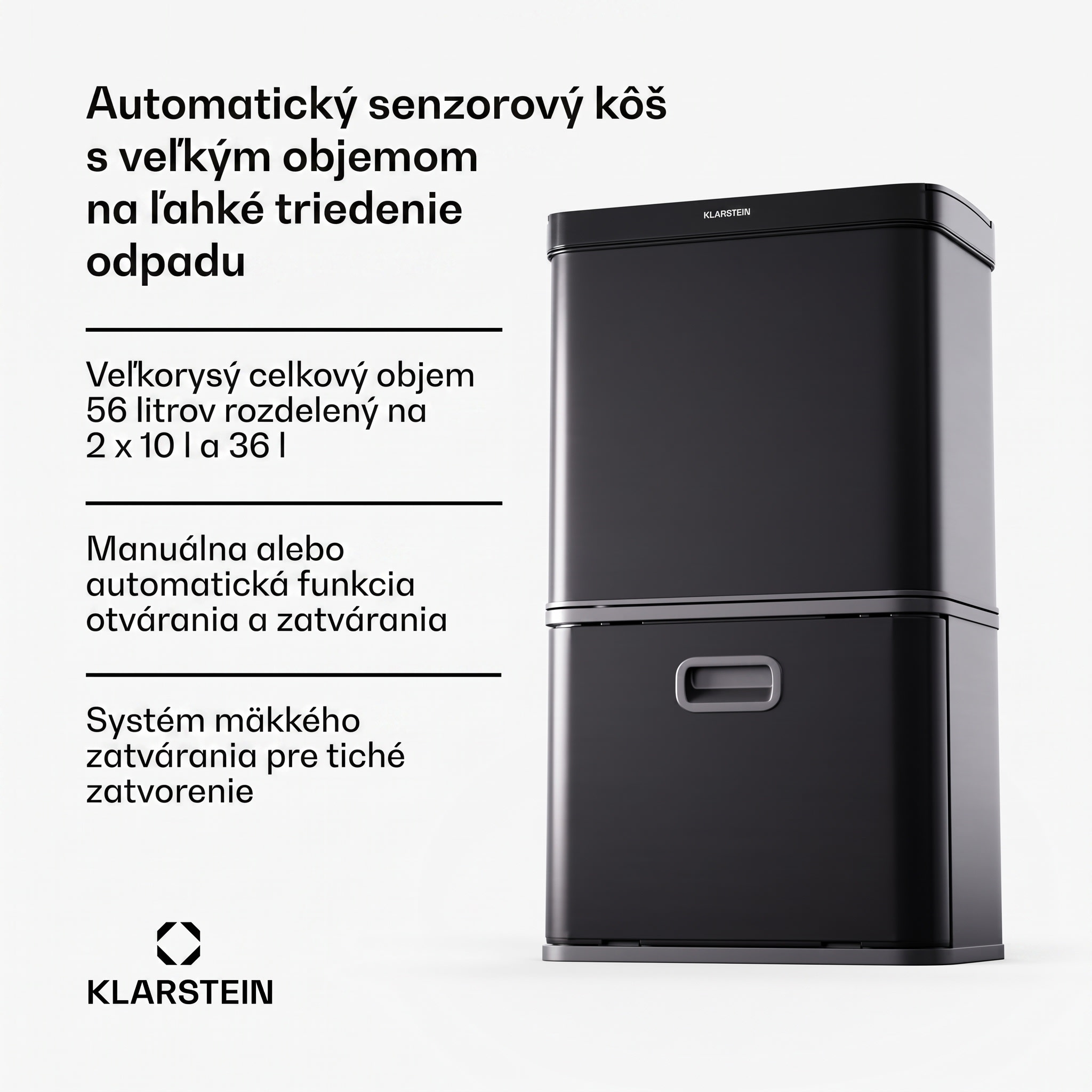 Klarstein Bezdotykový senzorový odpadkový kôš 56L nerez, soft-close, 3 nádoby, LED displej, časovač – Obrázok 2
