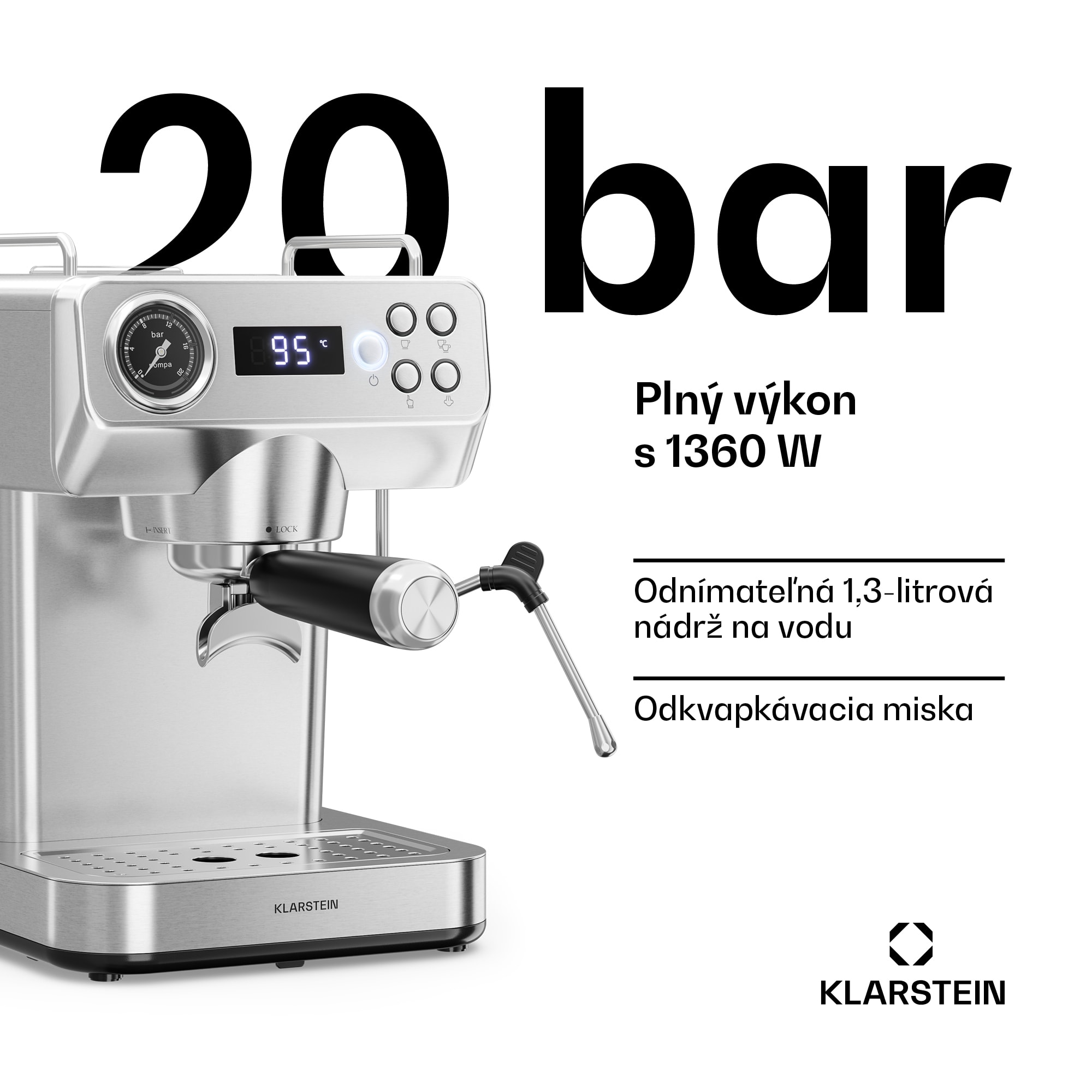 Klarstein Libeica Evo kávovar | 1360 W | 20 bar | 1,3 l | Vrátane napenenia mlieka – Obrázok 2