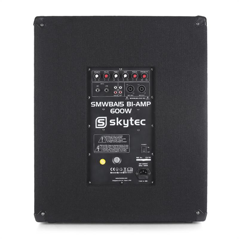 Skytec SMWBA15, aktívny PA subwoofer, bi-amp, AUX, MIC – Obrázok 3