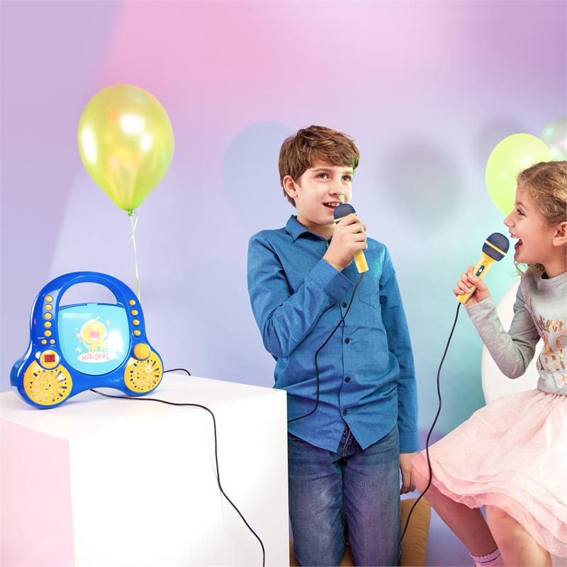 Auna Rockpocket, detský karaoké systém, CD, AUX, 2 x mikrofón, sada nálepiek, modrý – Obrázok 4