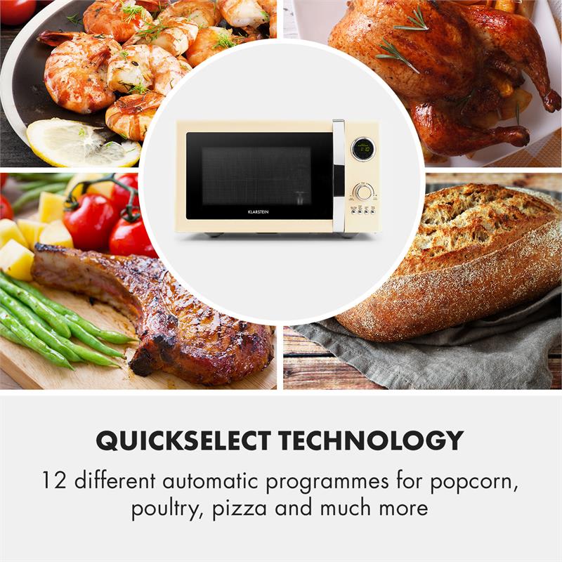 Klarstein Fine Dinesty, mikrovlnná rúra 2 v 1, 23 l, 800 W, gril: 1000 W, retro, 12 programov, krémová – Obrázok 5