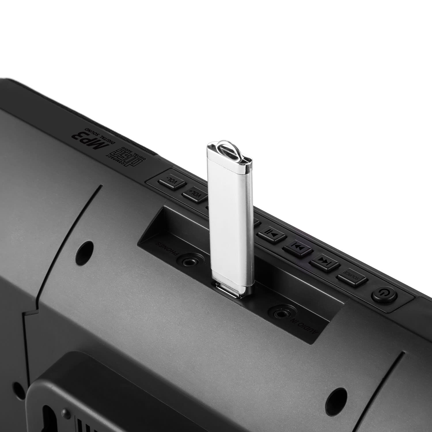 OneConcept V-13, čierny sterosystém s CD MP3 USB rádiom a budíkom, nástenná montáž – Obrázok 5