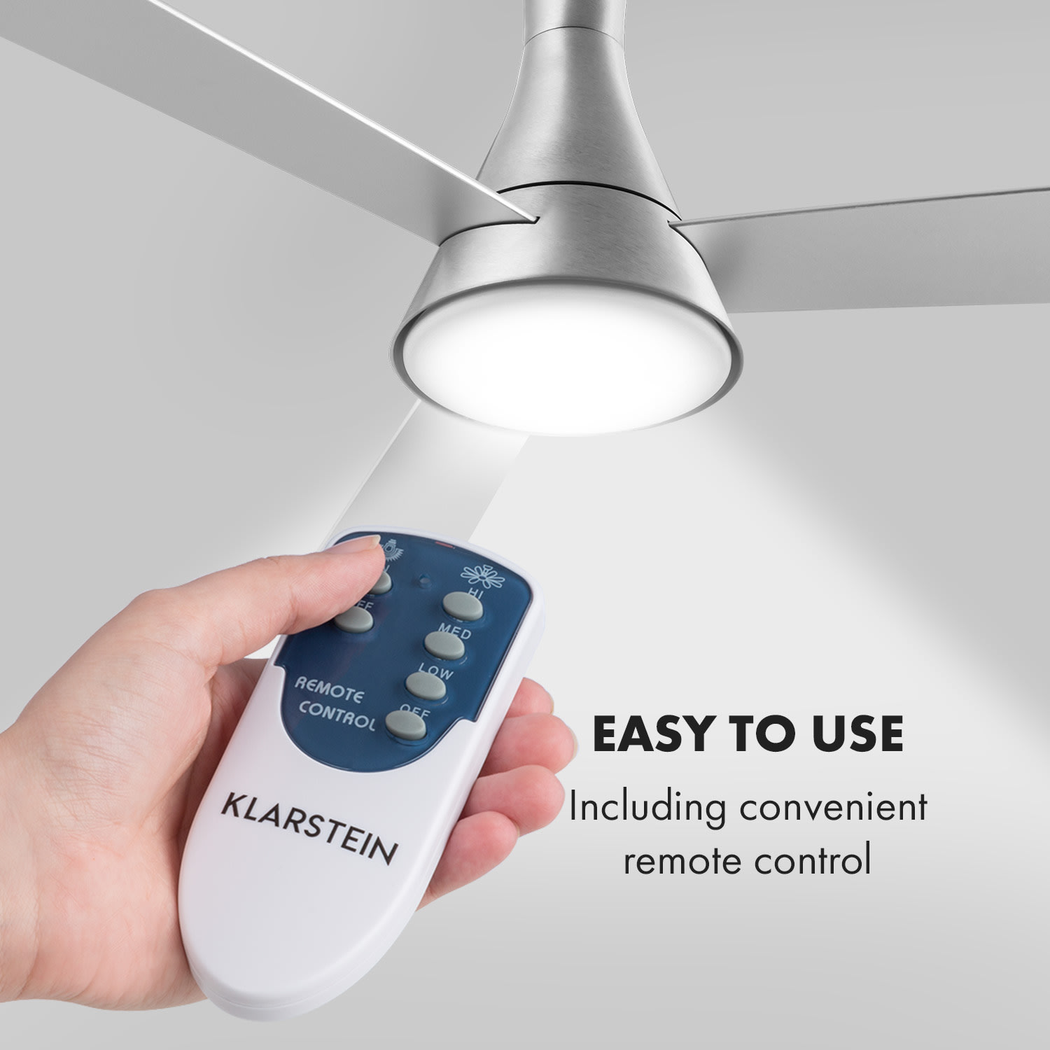 Klarstein Steletto, stropný ventilátor so svietidlom, 55 W, 134 cm, diaľkový ovládač, hliník – Obrázok 3