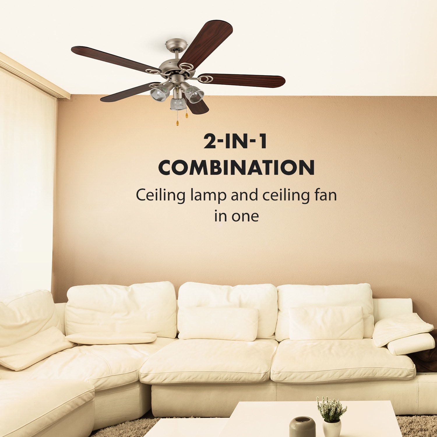 Klarstein Charleston, stropný ventilátor s tromi svietidlami, 60 W, 122 cm, nehrdzavejúca oceľ, drevené ramená – Obrázok 2
