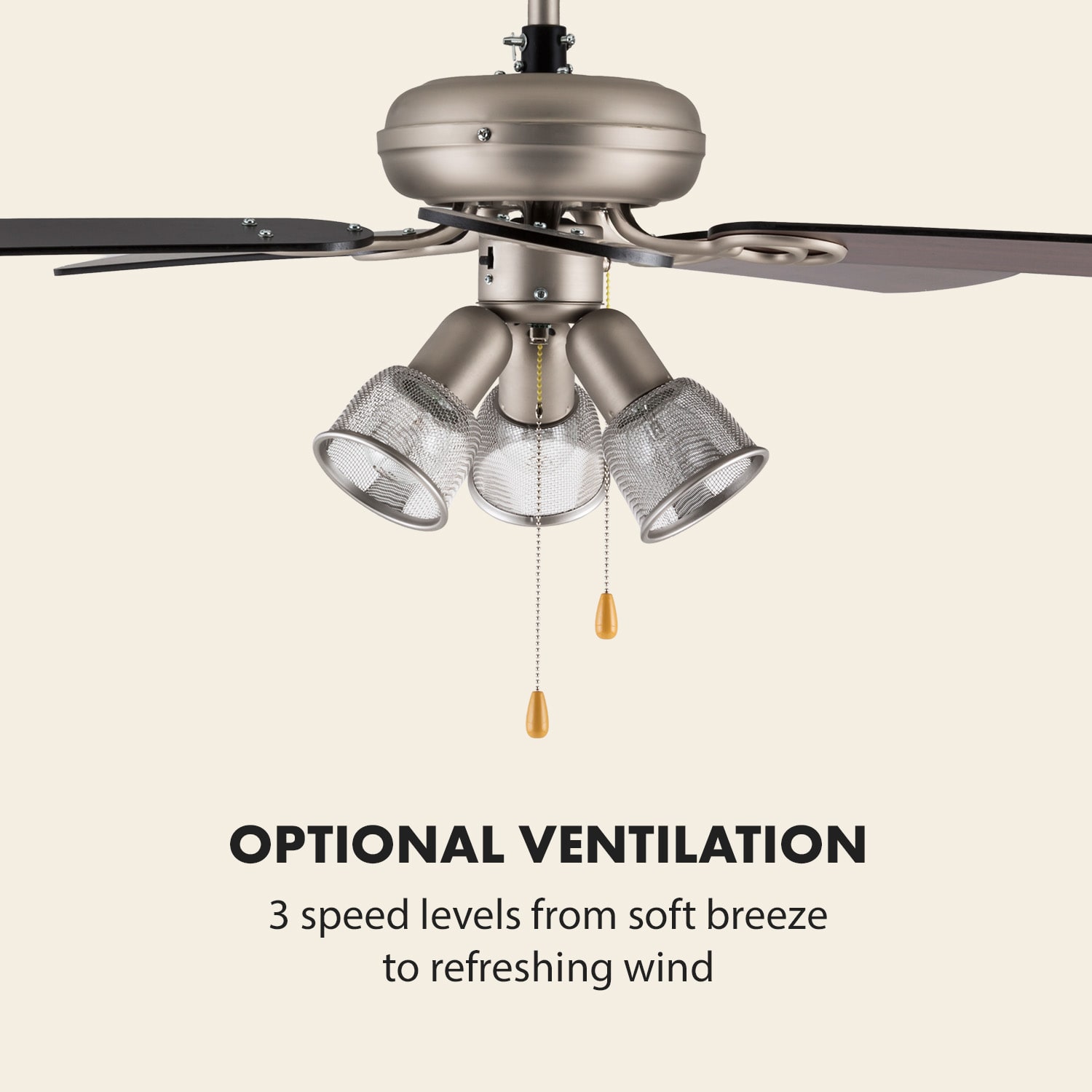 Klarstein Charleston, stropný ventilátor s tromi svietidlami, 60 W, 122 cm, nehrdzavejúca oceľ, drevené ramená – Obrázok 5