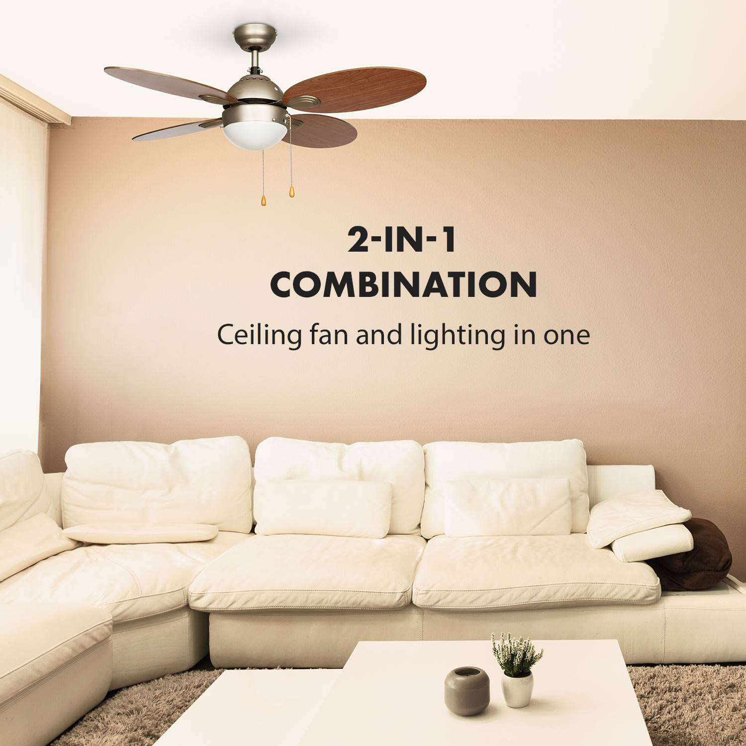 Klarstein Valderama, stropný ventilátor, 42", 60 W, stropná lampa, 2 x 43 W, čerešňové drevo – Obrázok 2