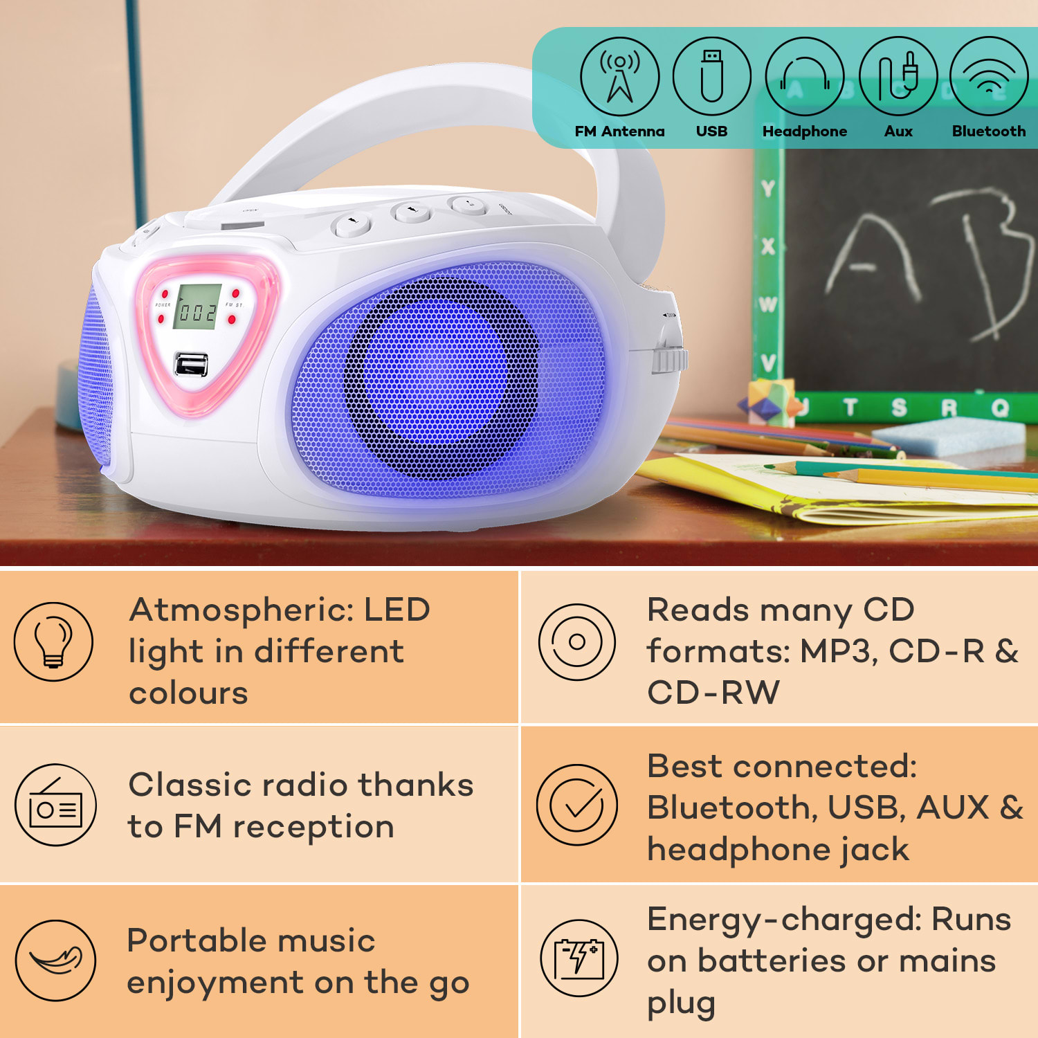 Auna Roadie CD Boombox UKW rádio, Svetelná show, CD prehrávač, Bluetooth 5.0 – Obrázok 2