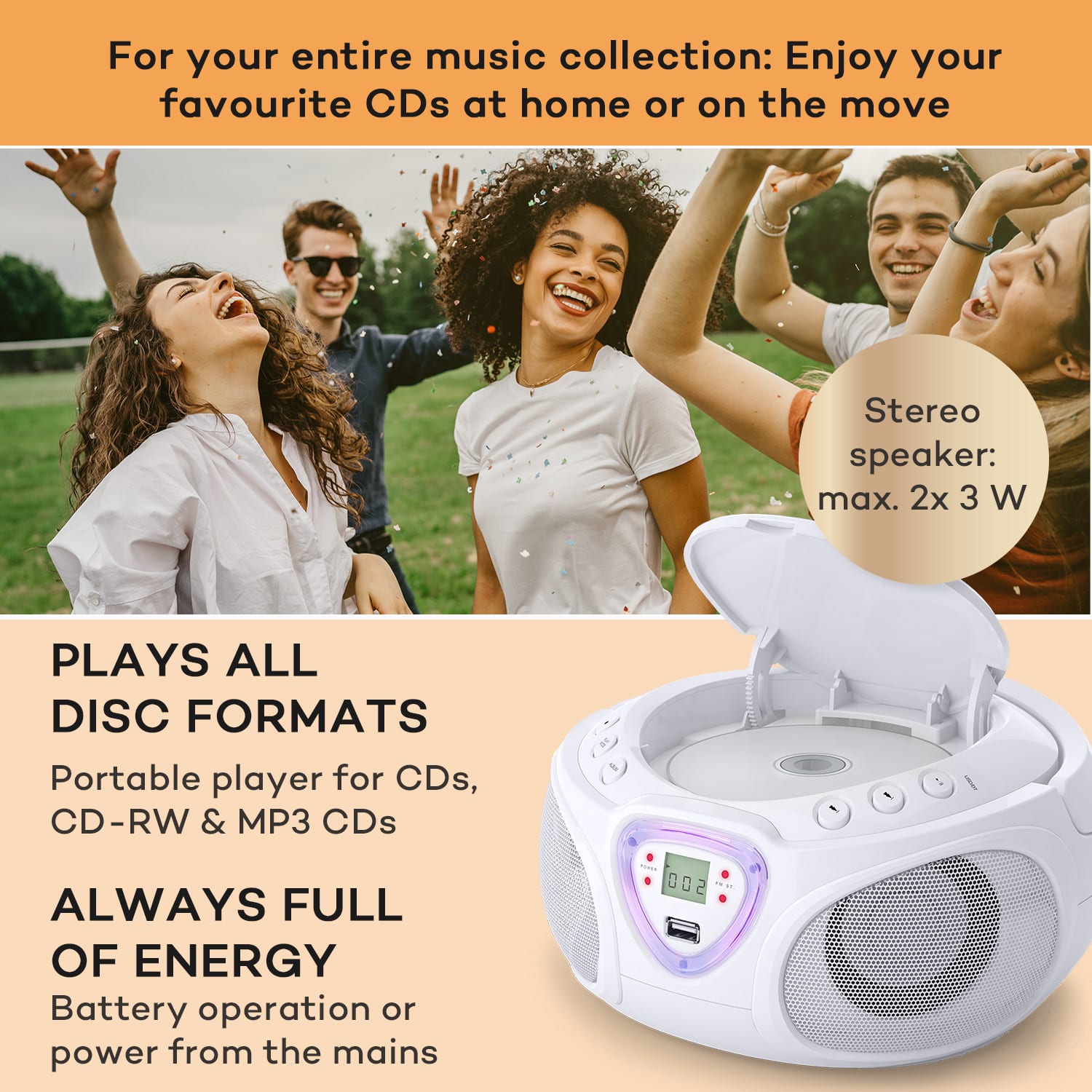 Auna Roadie CD Boombox UKW rádio, Svetelná show, CD prehrávač, Bluetooth 5.0 – Obrázok 3