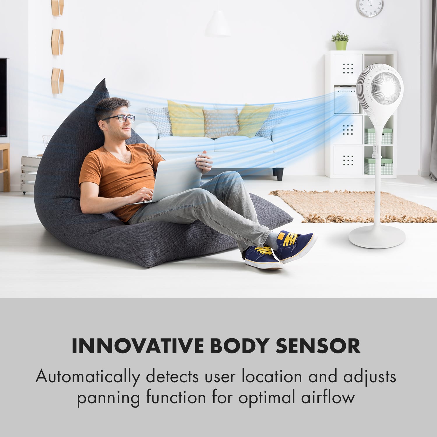 Klarstein Airflex 360°, stojanový ventilátor, senzor tela, 65 W, diaľkový ovládač, biely – Obrázok 5