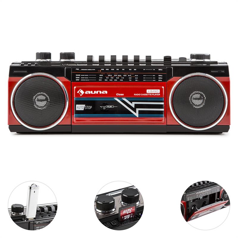 Auna Duke, retro boombox, prenosný magnetofón, USB, SD, bluetooth, FM rádio – Obrázok 2