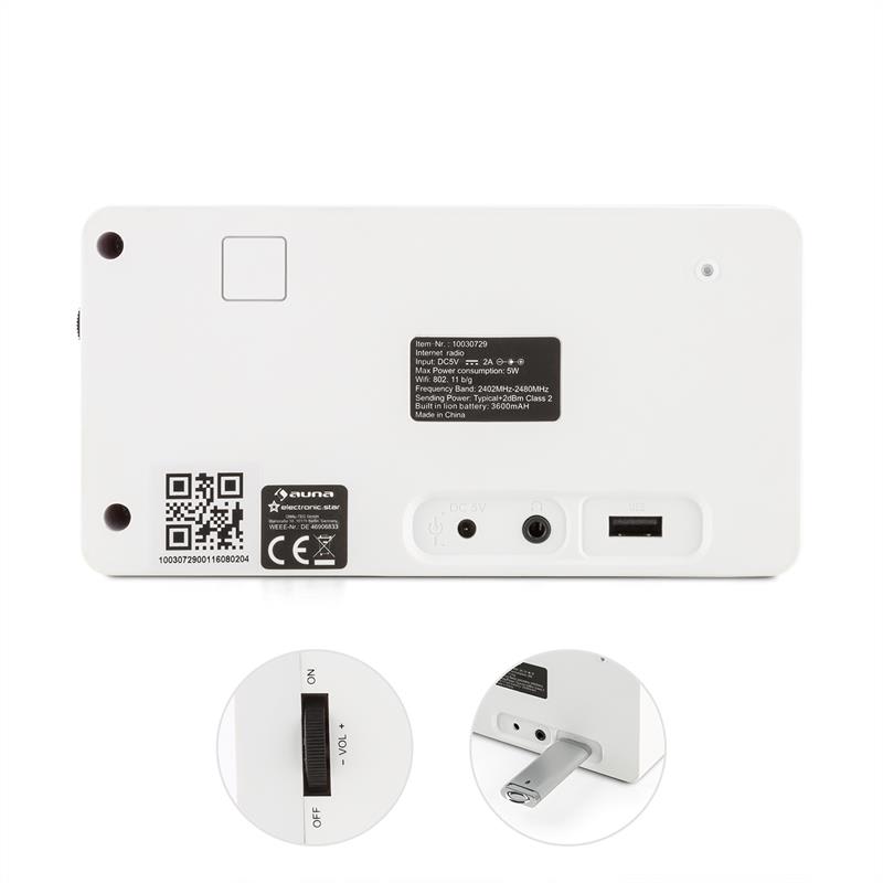 Auna IR-110, biele, internetové rádio, 2,4" TFT farebný displej, akumulátor, W-LAN, USB – Obrázok 3